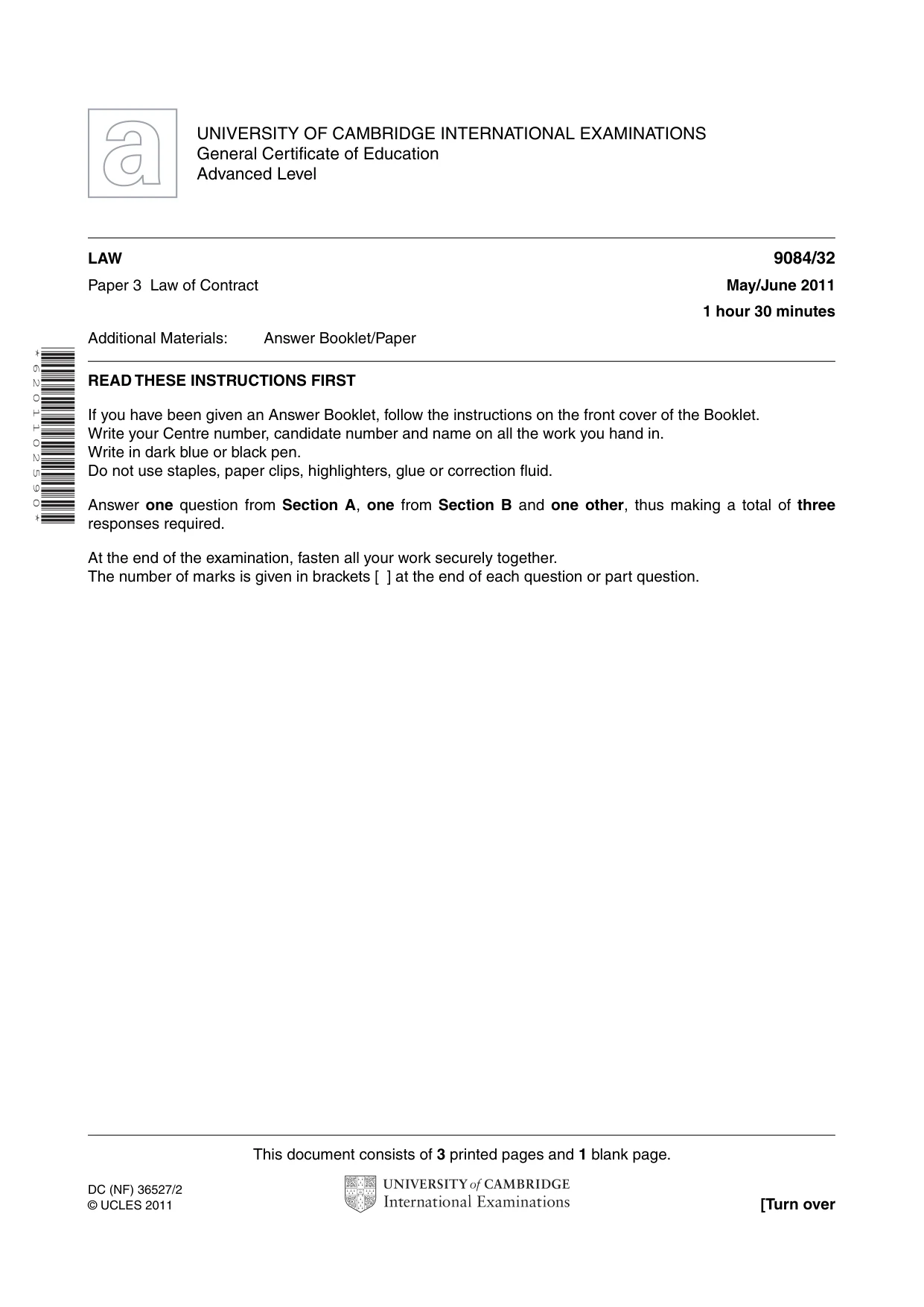 Cambridge A Level Law 9084 2011 May/June Paper 3 · Variant 2 question paper, page 1 of 4