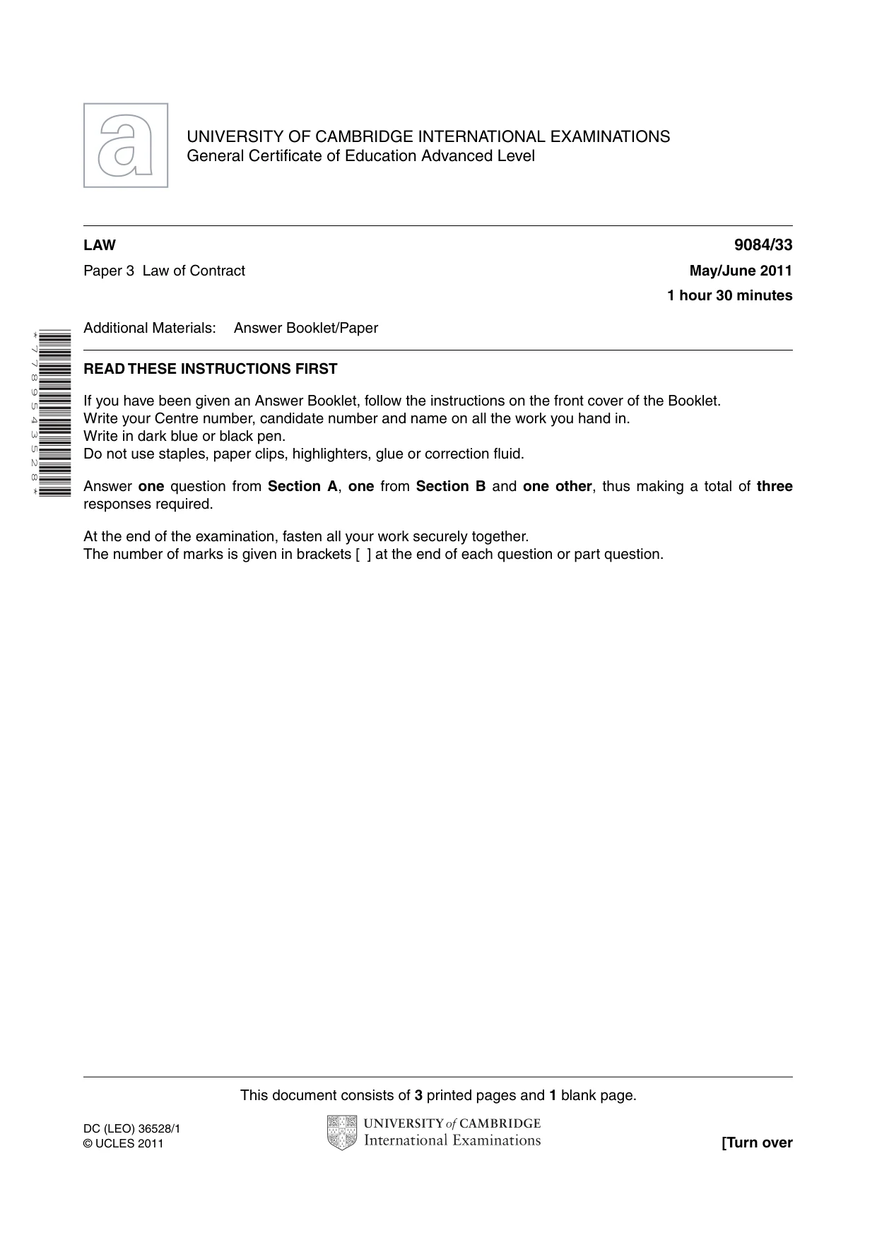 Cambridge A Level Law 9084 2011 May/June Paper 3 · Variant 3 question paper, page 1 of 4
