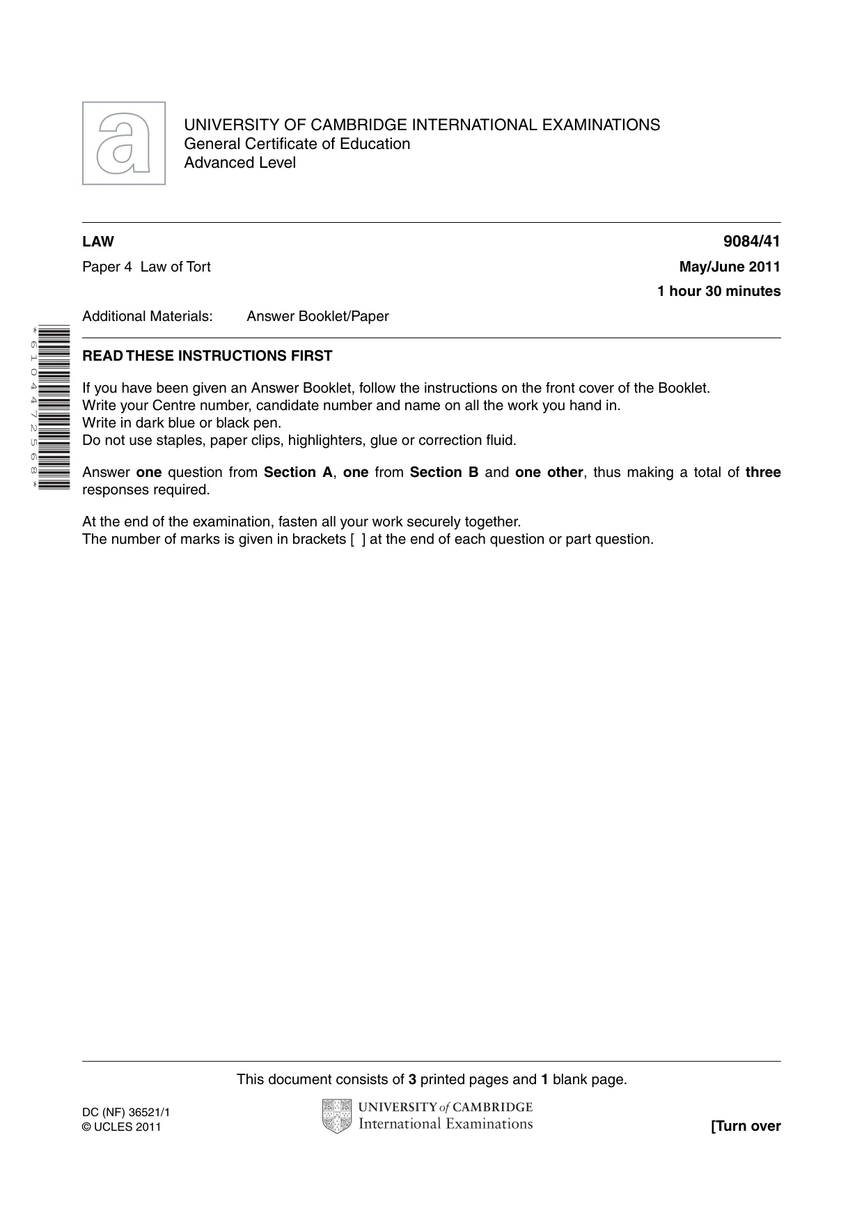 Cambridge A Level Law 9084 2011 May/June Paper 4 · Variant 1 question paper, page 1 of 4