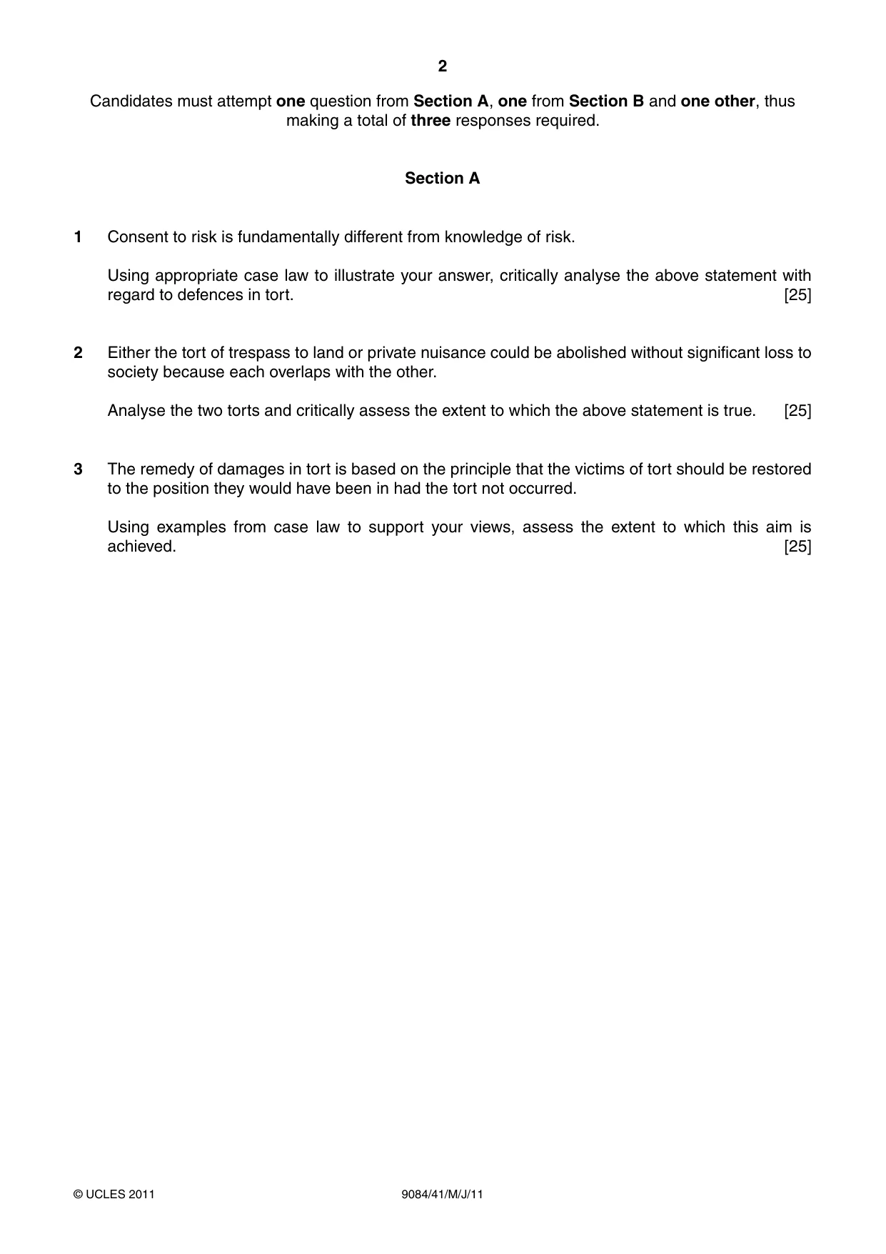 Cambridge A Level Law 9084 2011 May/June Paper 4 · Variant 1 question paper, page 2 of 4