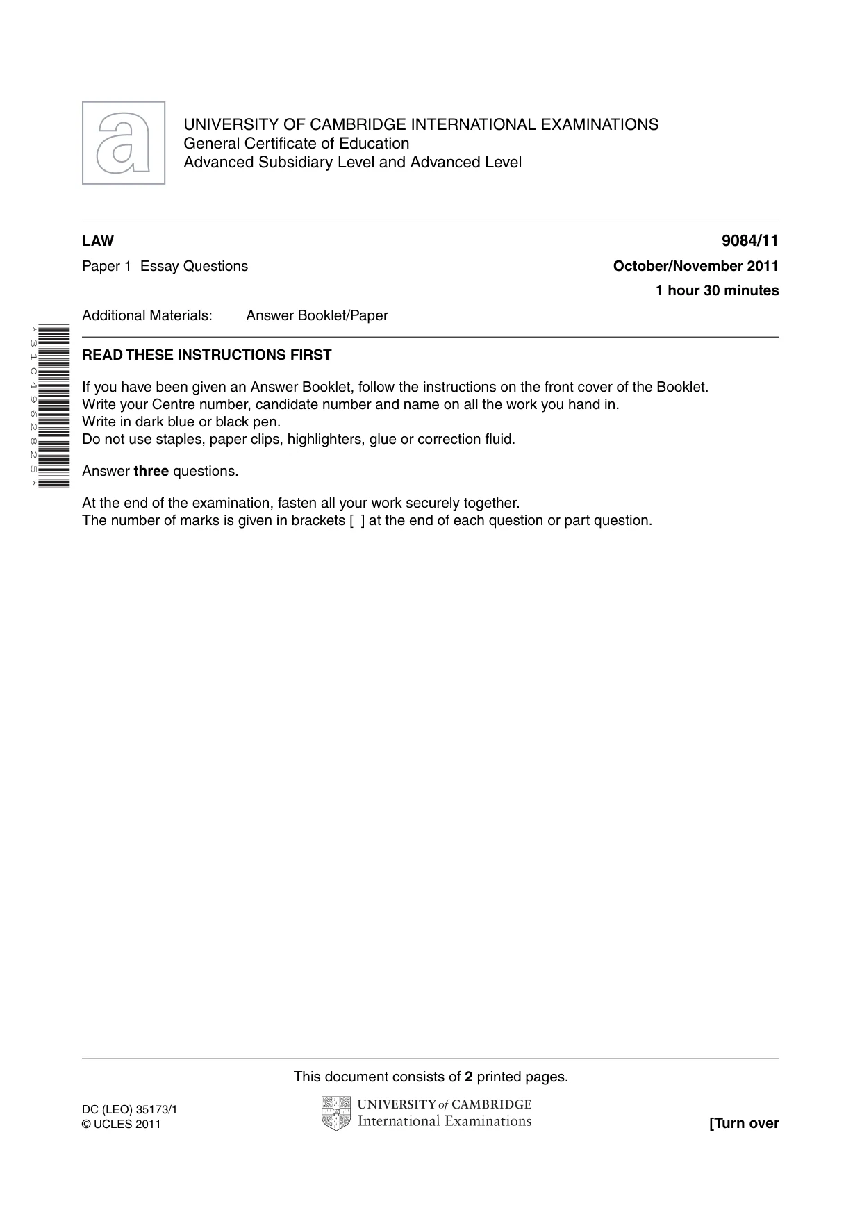 Cambridge A Level Law 9084 2011 Oct/Nov Paper 1 · Variant 1 question paper, page 1 of 2