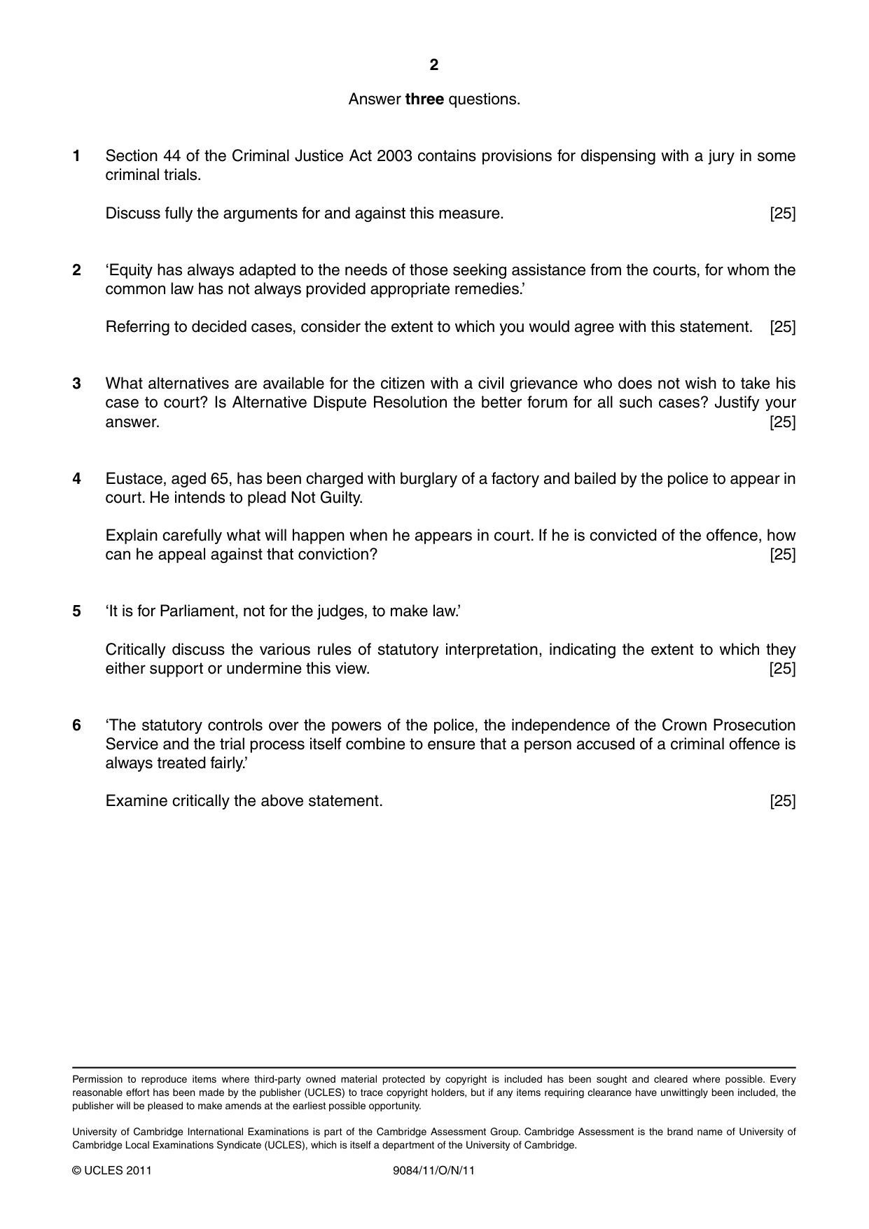 Cambridge A Level Law 9084 2011 Oct/Nov Paper 1 · Variant 1 question paper, page 2 of 2