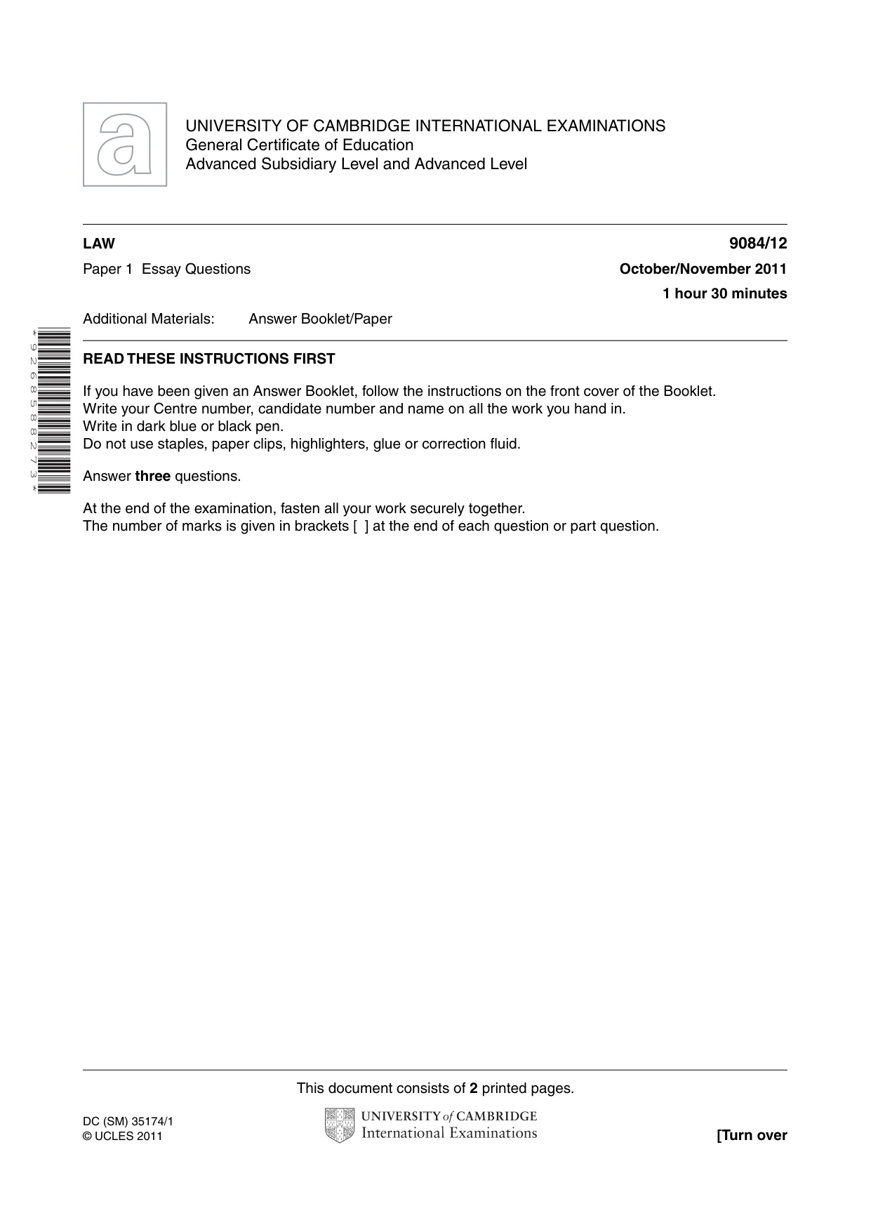 Cambridge A Level Law 9084 2011 Oct/Nov Paper 1 · Variant 2 question paper, page 1 of 2