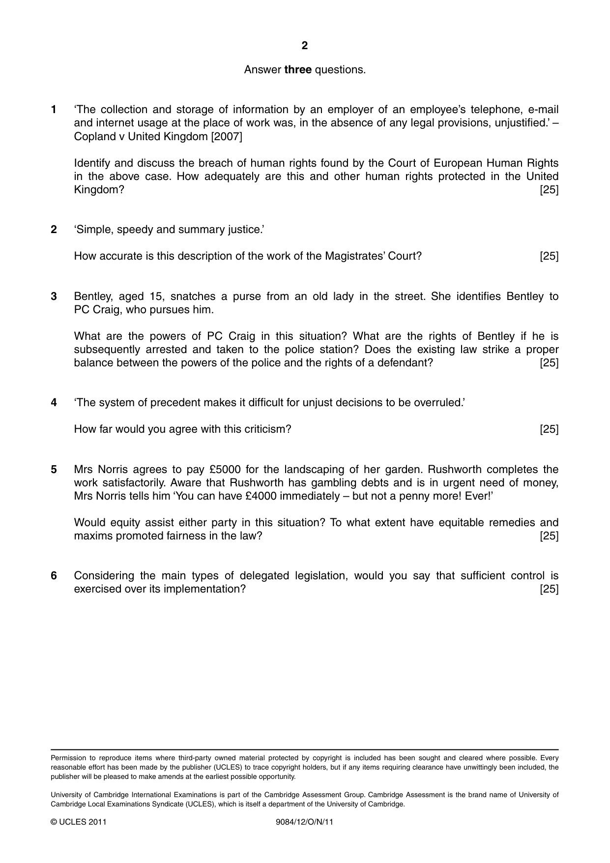 Cambridge A Level Law 9084 2011 Oct/Nov Paper 1 · Variant 2 question paper, page 2 of 2