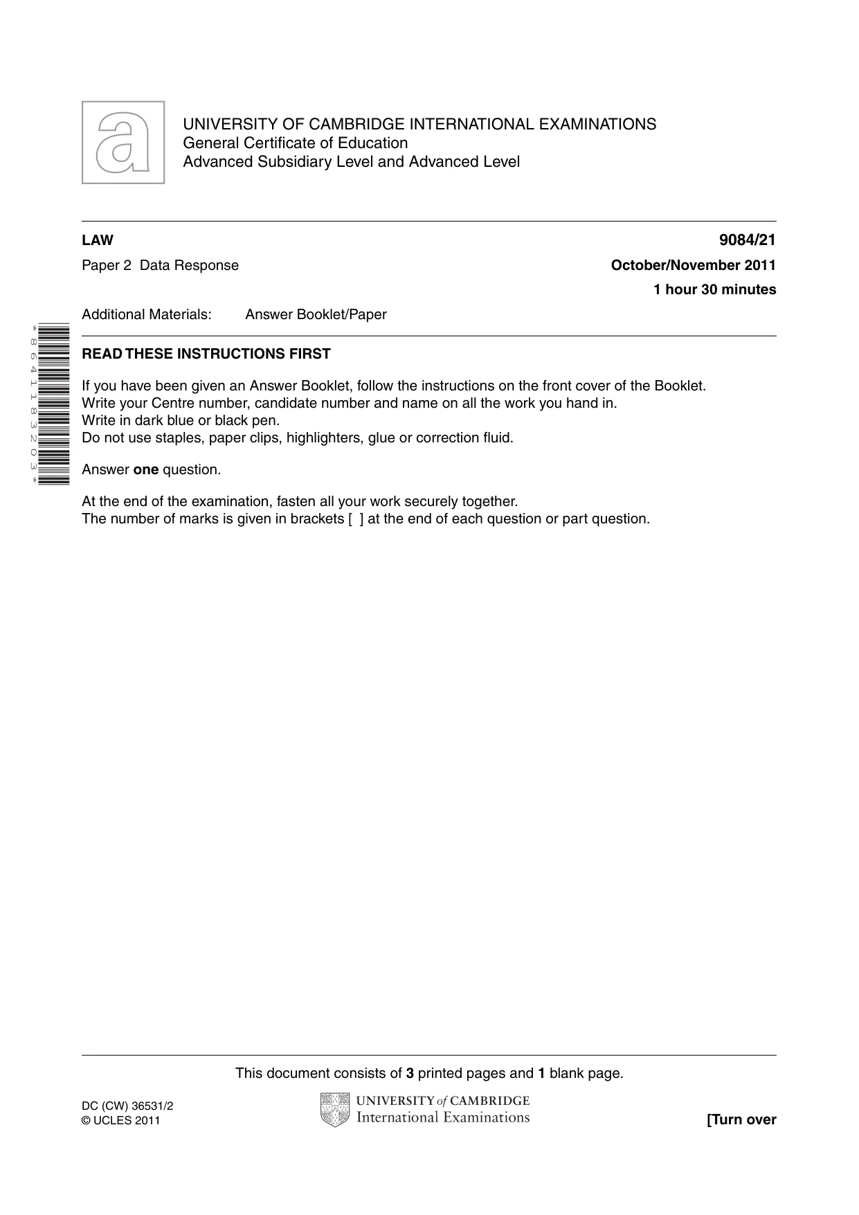 Cambridge A Level Law 9084 2011 Oct/Nov Paper 2 · Variant 1 question paper, page 1 of 4