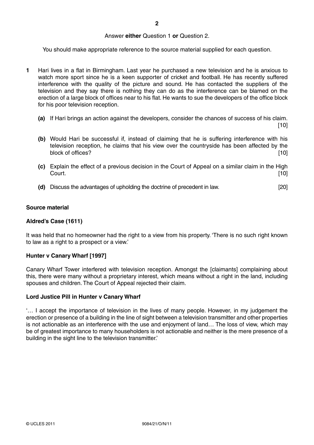 Cambridge A Level Law 9084 2011 Oct/Nov Paper 2 · Variant 1 question paper, page 2 of 4
