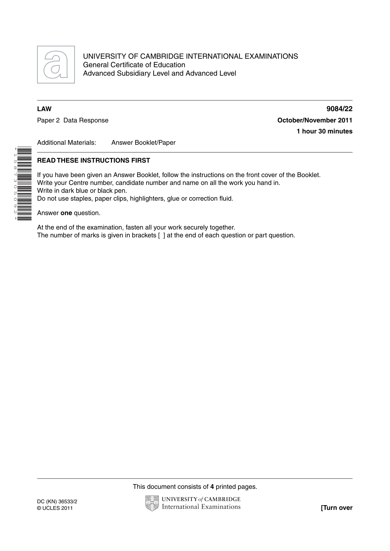 Cambridge A Level Law 9084 2011 Oct/Nov Paper 2 · Variant 2 question paper, page 1 of 4