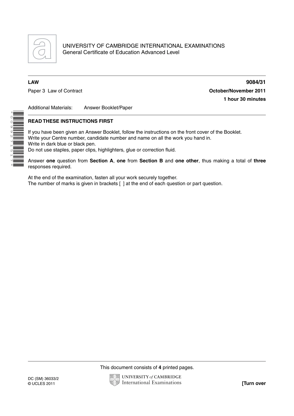 Cambridge A Level Law 9084 2011 Oct/Nov Paper 3 · Variant 1 question paper, page 1 of 4