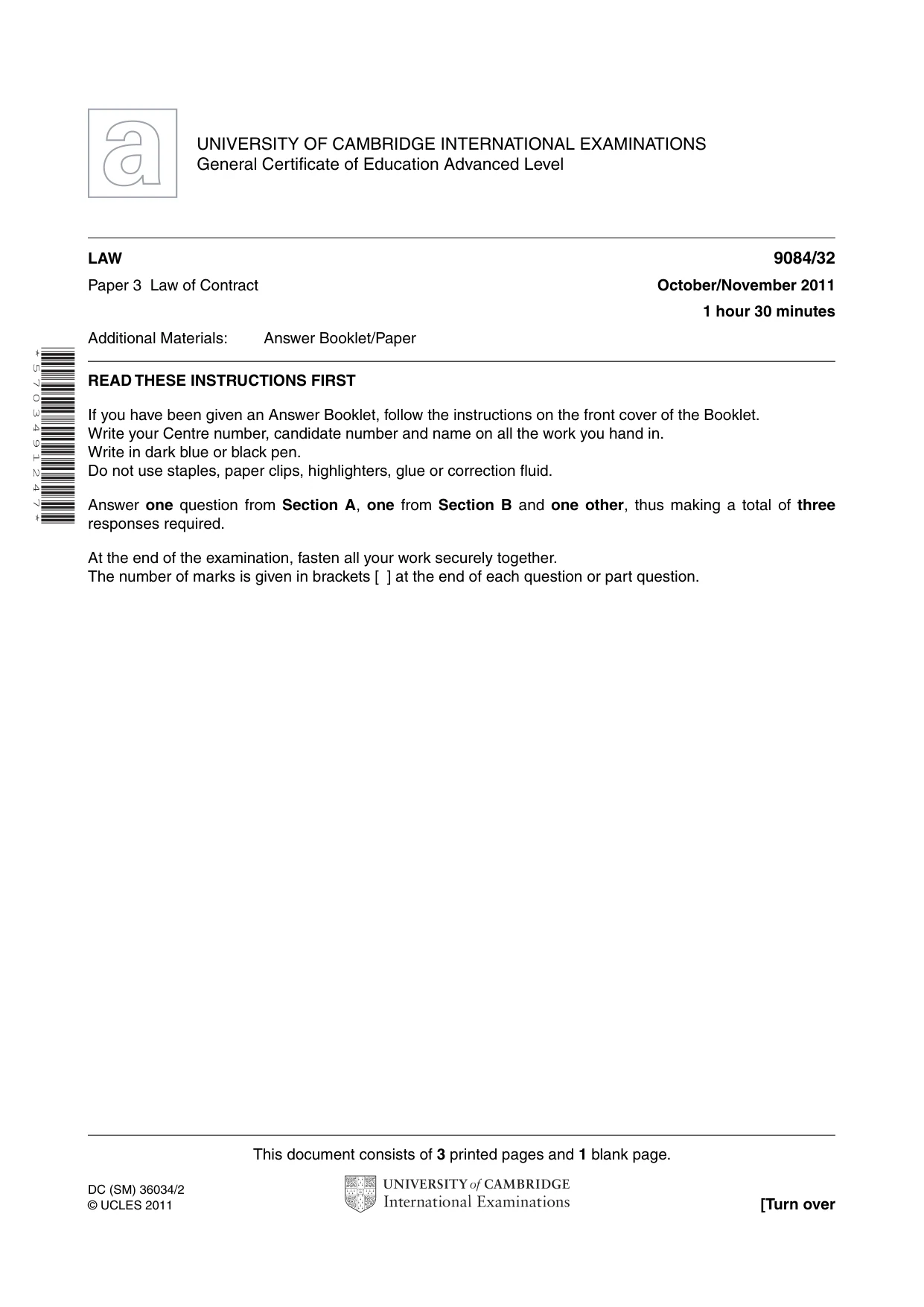 Cambridge A Level Law 9084 2011 Oct/Nov Paper 3 · Variant 2 question paper, page 1 of 4