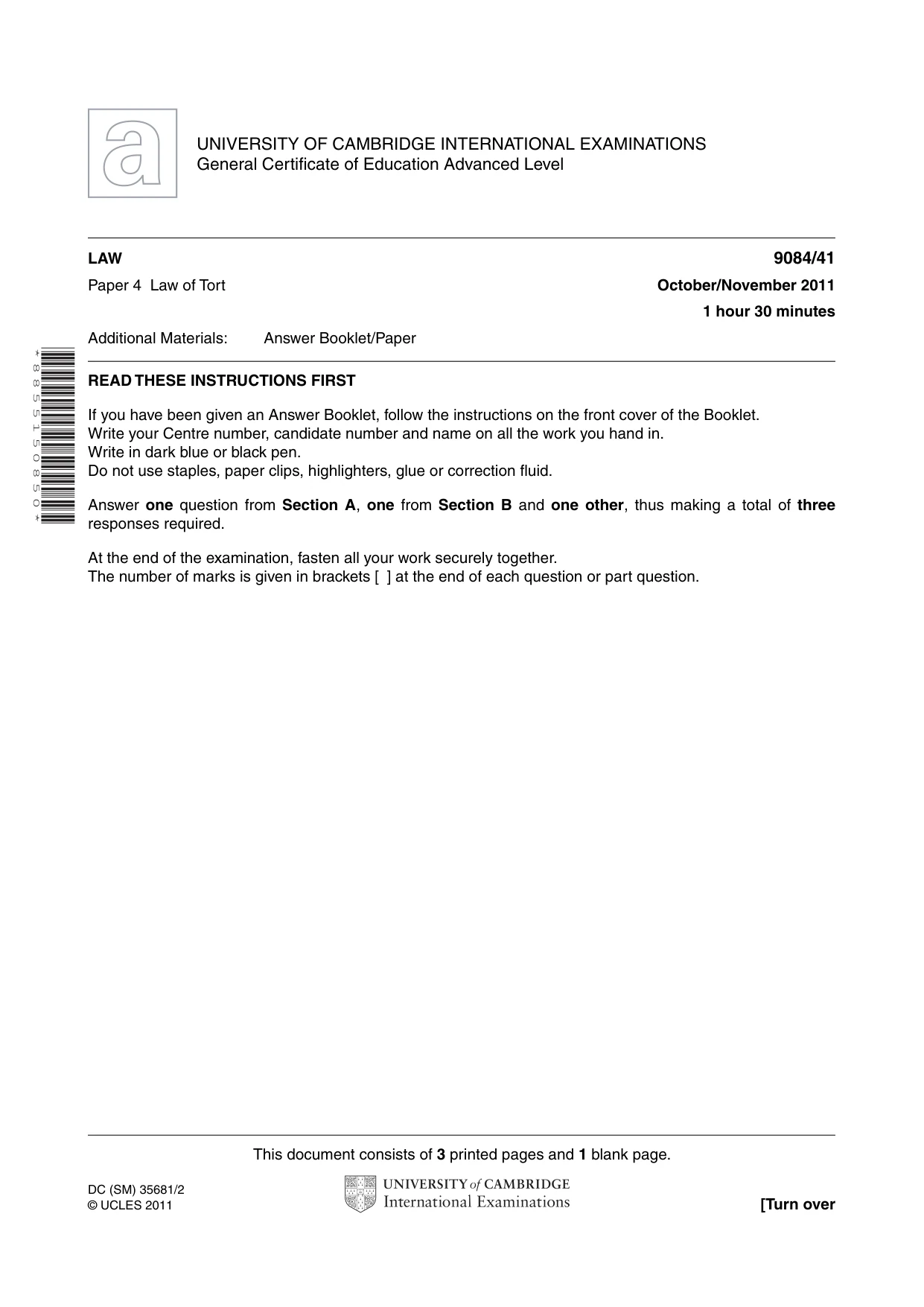 Cambridge A Level Law 9084 2011 Oct/Nov Paper 4 · Variant 1 question paper, page 1 of 4