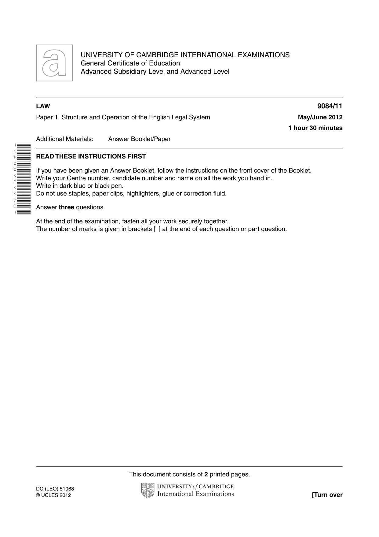 Cambridge A Level Law 9084 2012 May/June Paper 1 · Variant 1 question paper, page 1 of 2