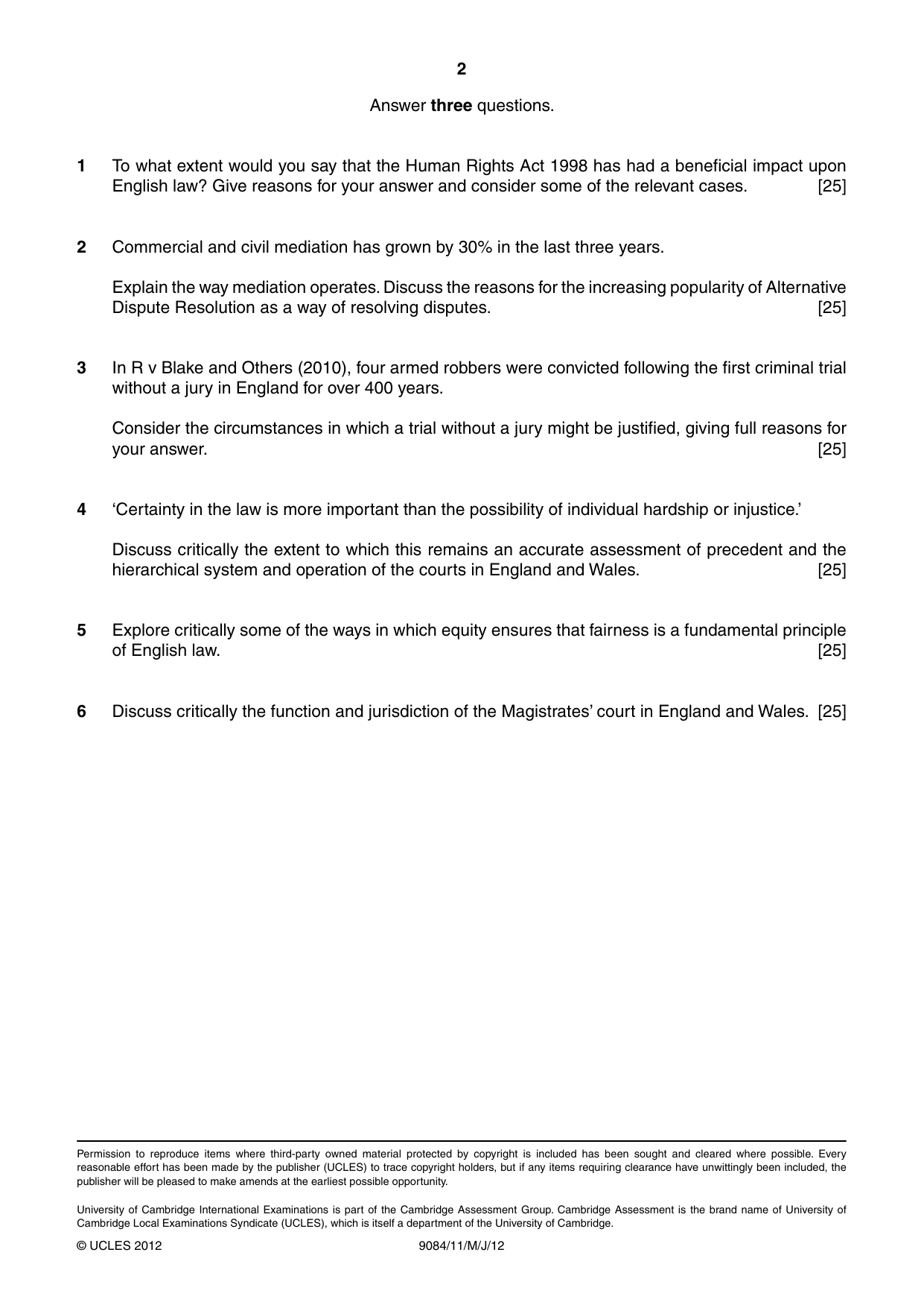 Cambridge A Level Law 9084 2012 May/June Paper 1 · Variant 1 question paper, page 2 of 2