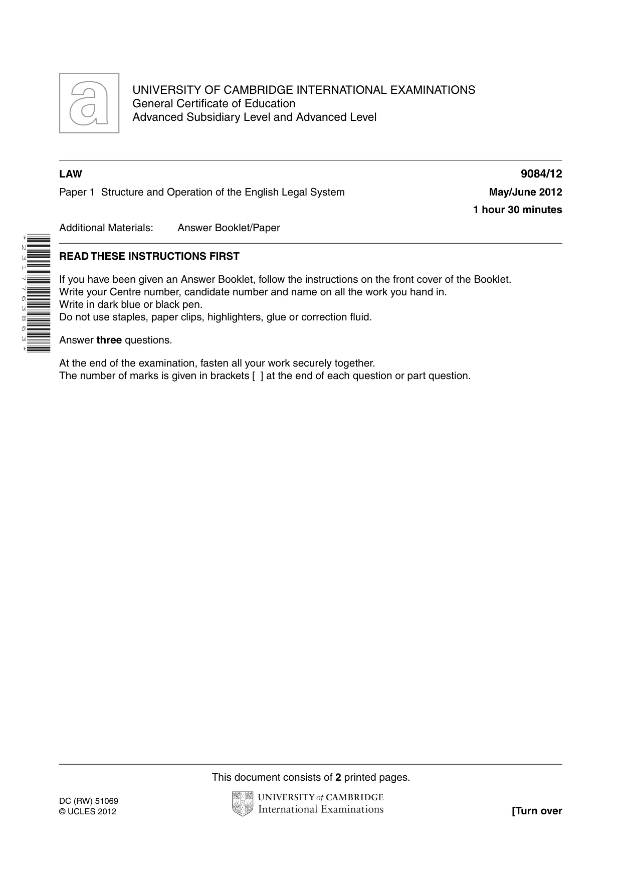 Cambridge A Level Law 9084 2012 May/June Paper 1 · Variant 2 question paper, page 1 of 2