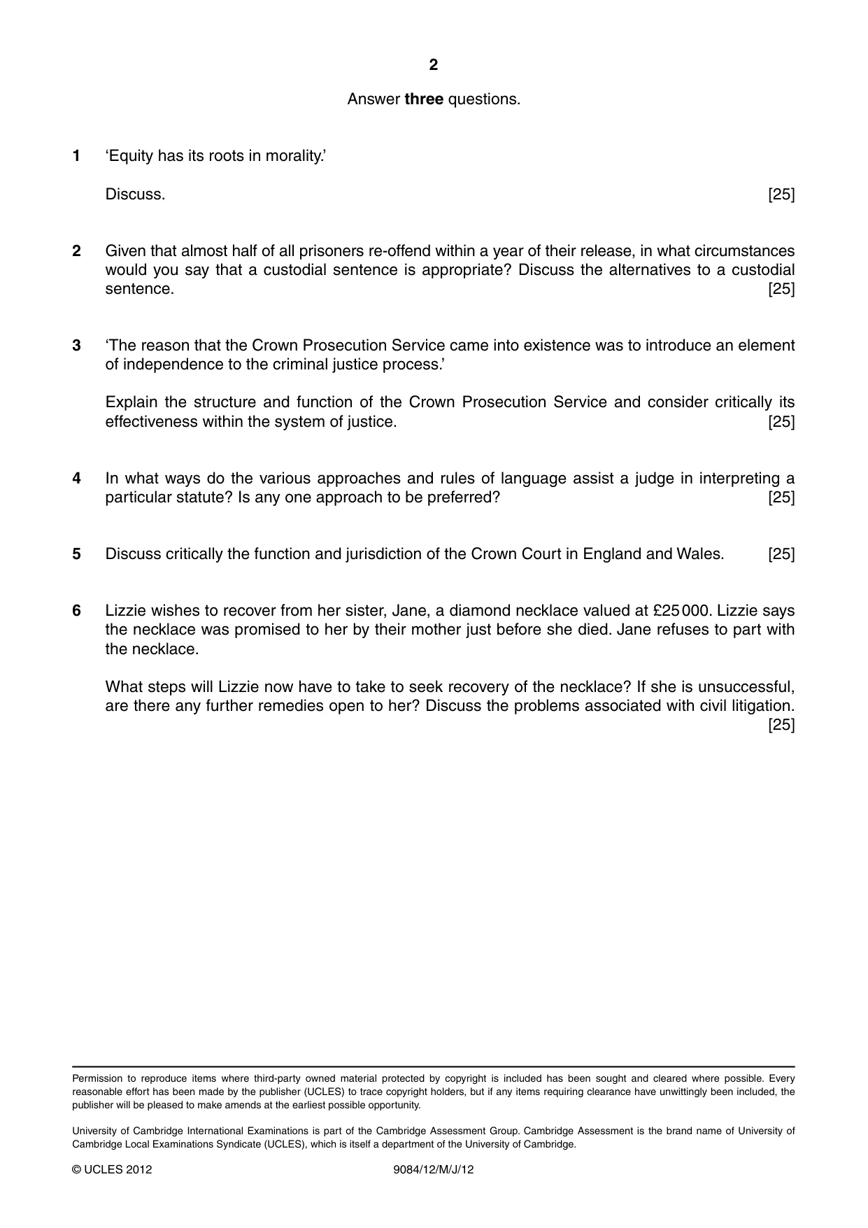 Cambridge A Level Law 9084 2012 May/June Paper 1 · Variant 2 question paper, page 2 of 2