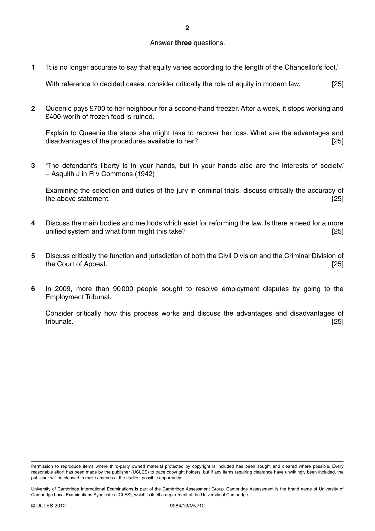 Cambridge A Level Law 9084 2012 May/June Paper 1 · Variant 3 question paper, page 2 of 2