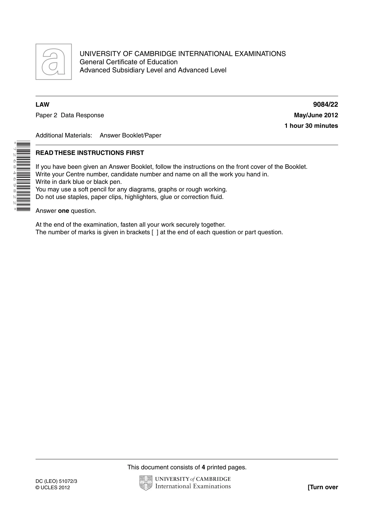 Cambridge A Level Law 9084 2012 May/June Paper 2 · Variant 2 question paper, page 1 of 4