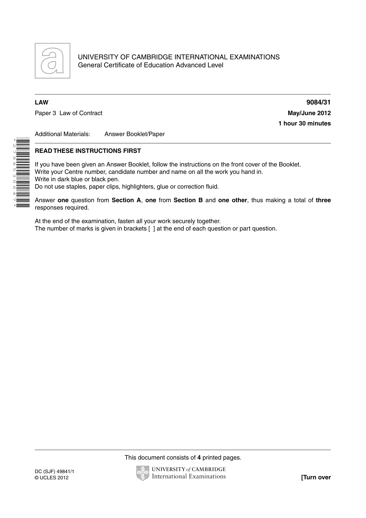 Cambridge A Level Law 9084 2012 May/June Paper 3 · Variant 1 question paper, page 1 of 4