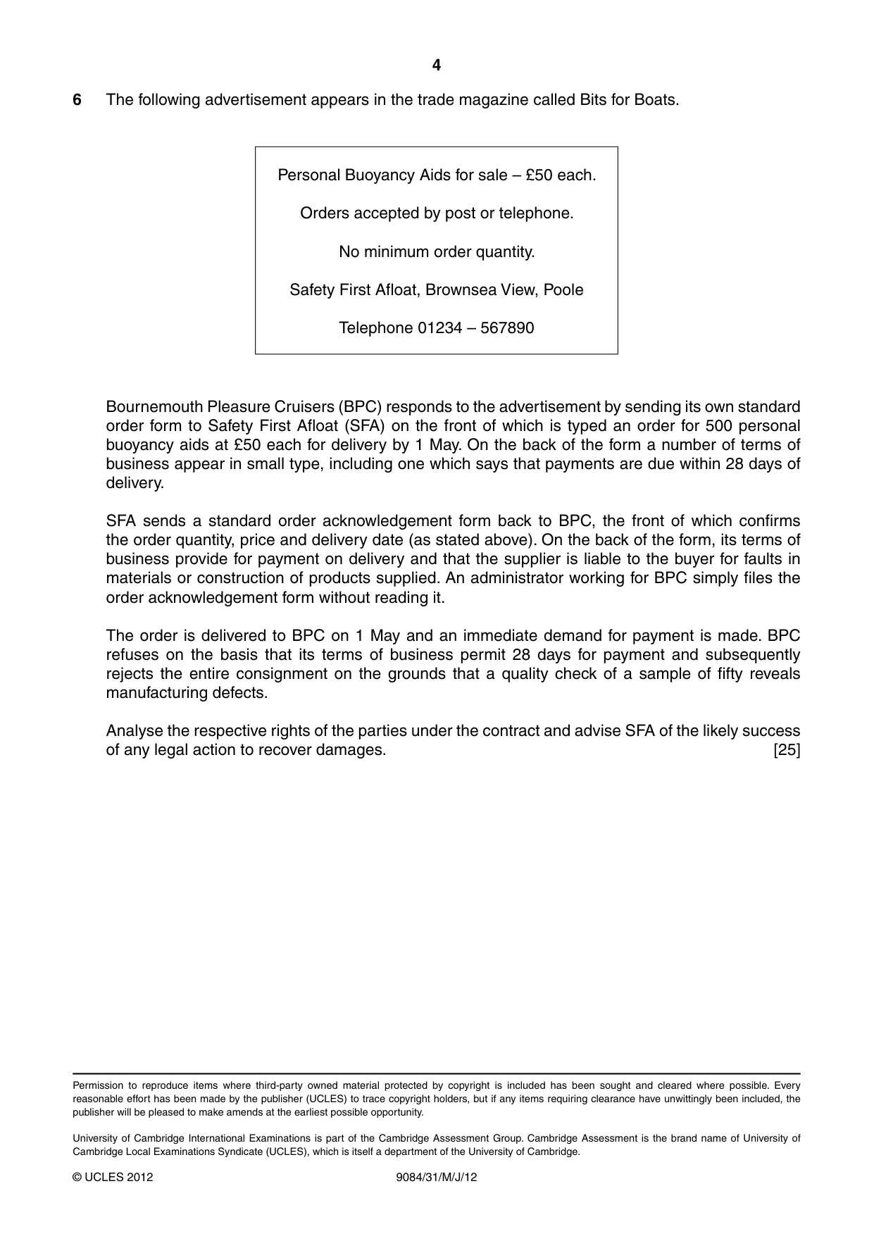 Cambridge A Level Law 9084 2012 May/June Paper 3 · Variant 1 question paper, page 4 of 4