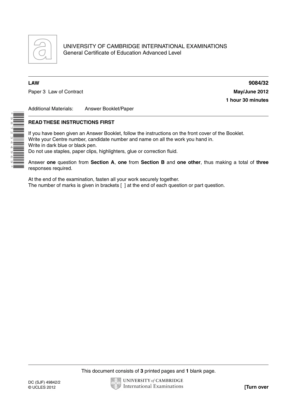 Cambridge A Level Law 9084 2012 May/June Paper 3 · Variant 2 question paper, page 1 of 4