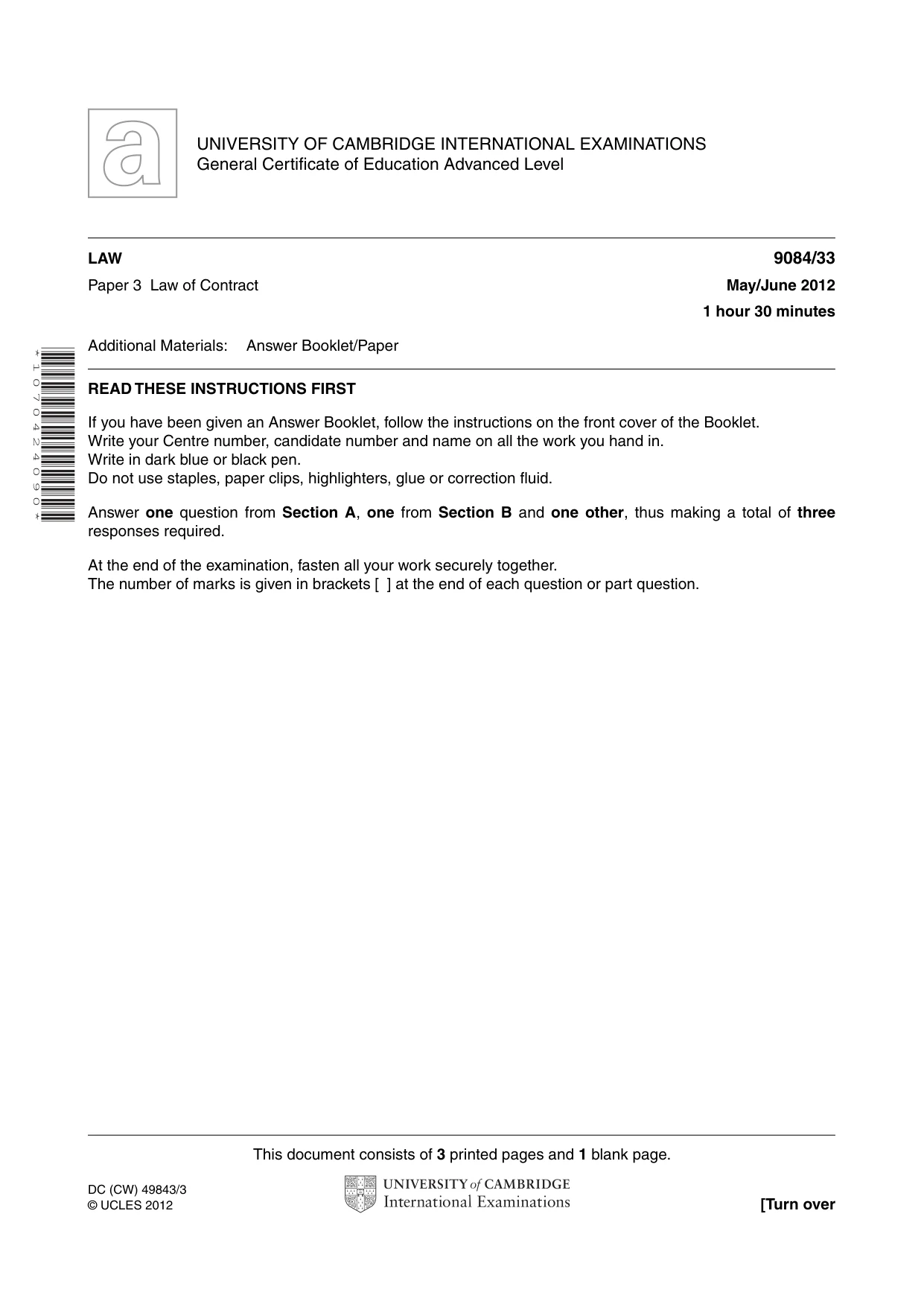 Cambridge A Level Law 9084 2012 May/June Paper 3 · Variant 3 question paper, page 1 of 4