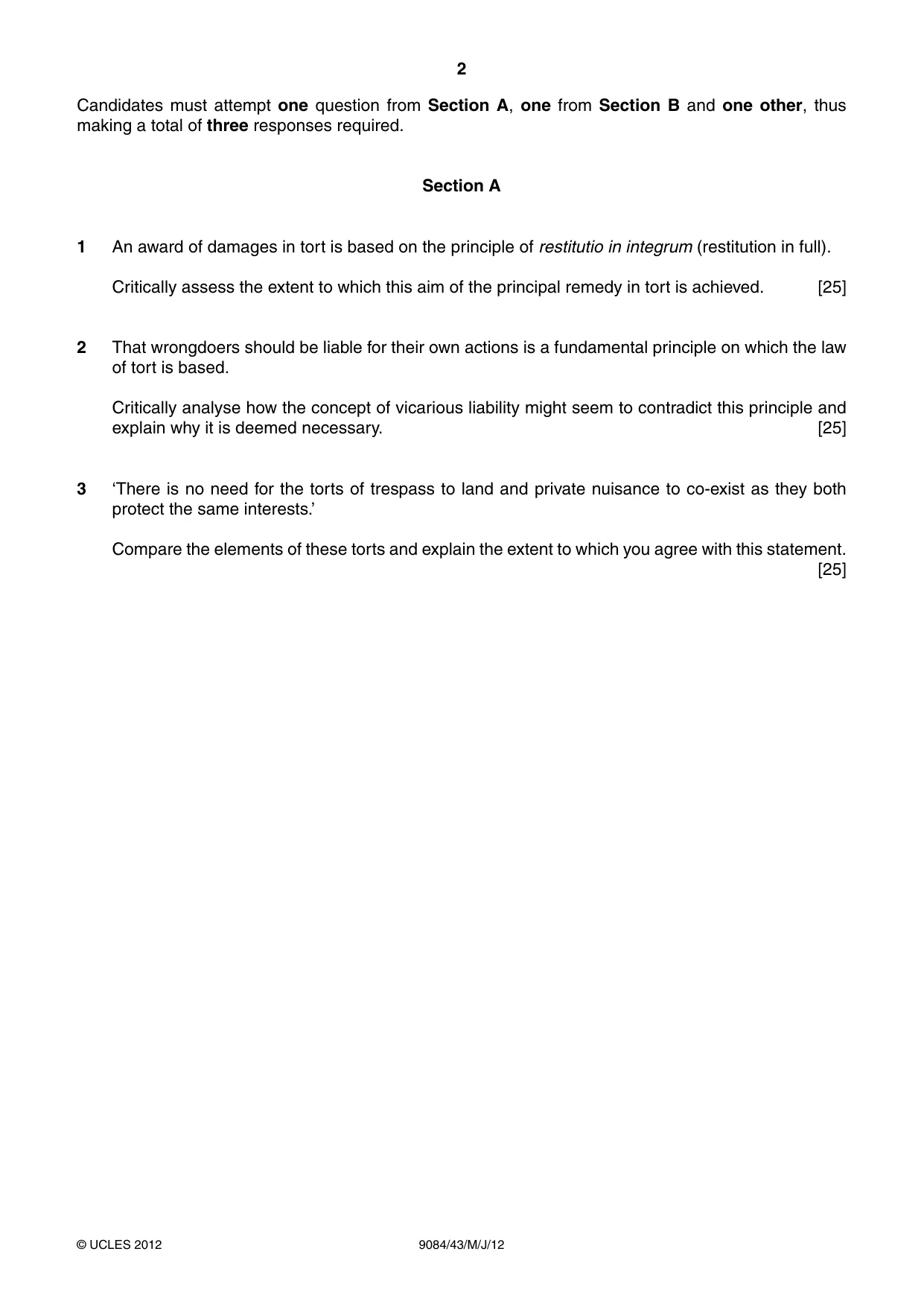Cambridge A Level Law 9084 2012 May/June Paper 4 · Variant 3 question paper, page 2 of 4