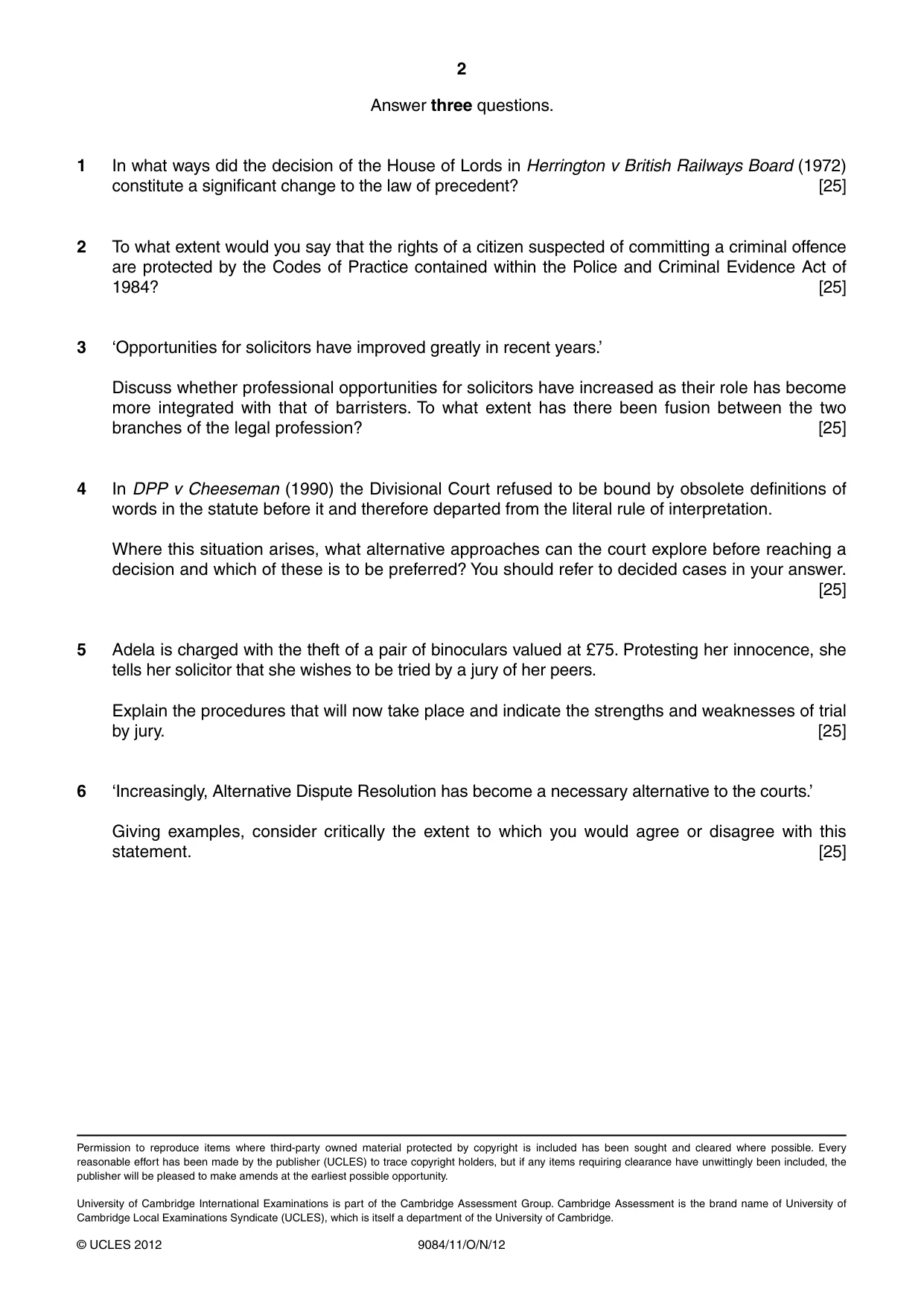 Cambridge A Level Law 9084 2012 Oct/Nov Paper 1 · Variant 1 question paper, page 2 of 2