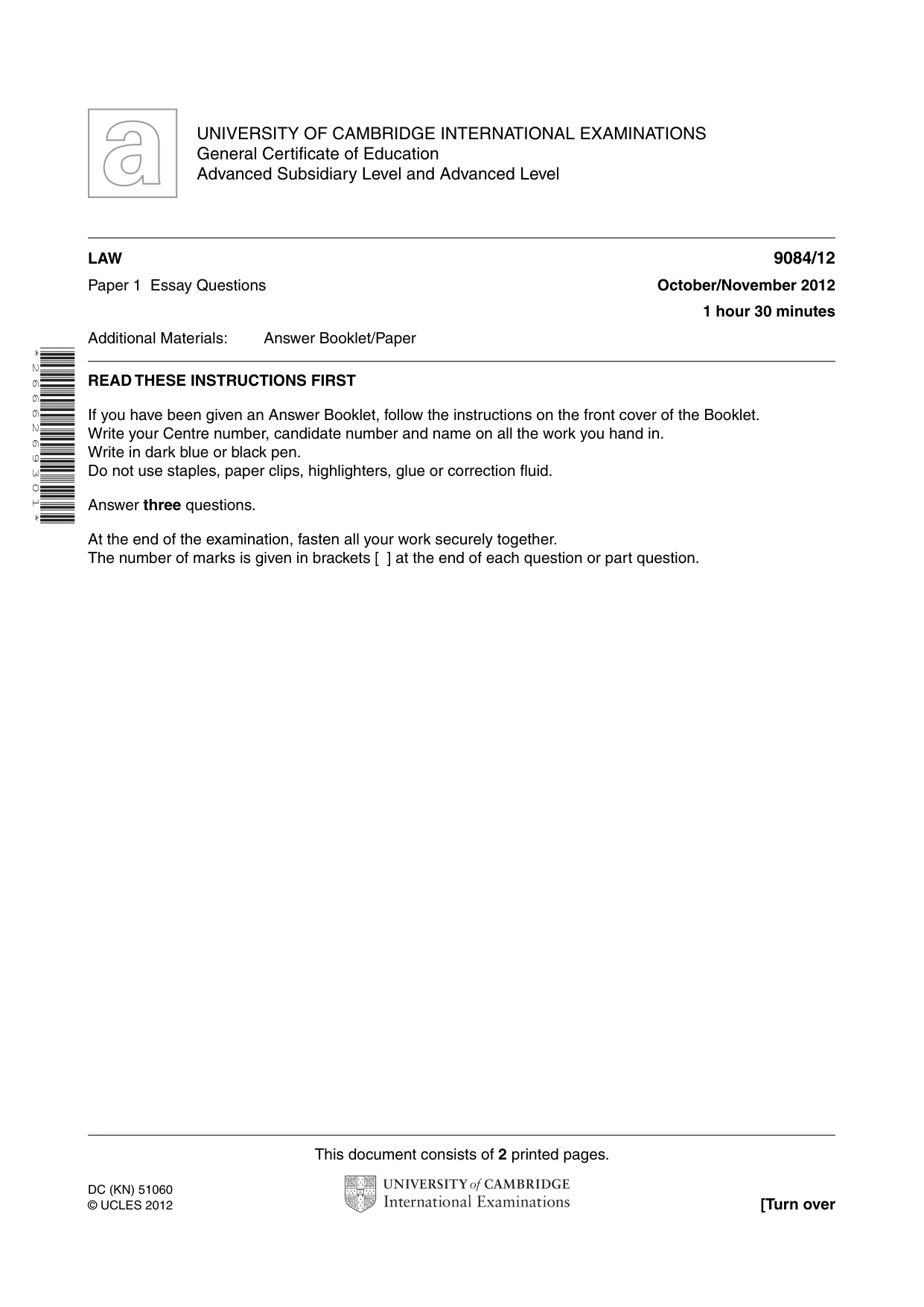Cambridge A Level Law 9084 2012 Oct/Nov Paper 1 · Variant 2 question paper, page 1 of 2