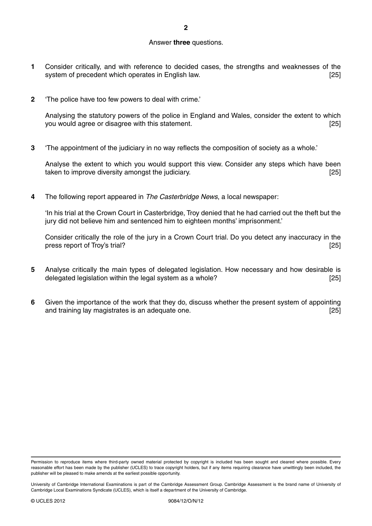 Cambridge A Level Law 9084 2012 Oct/Nov Paper 1 · Variant 2 question paper, page 2 of 2