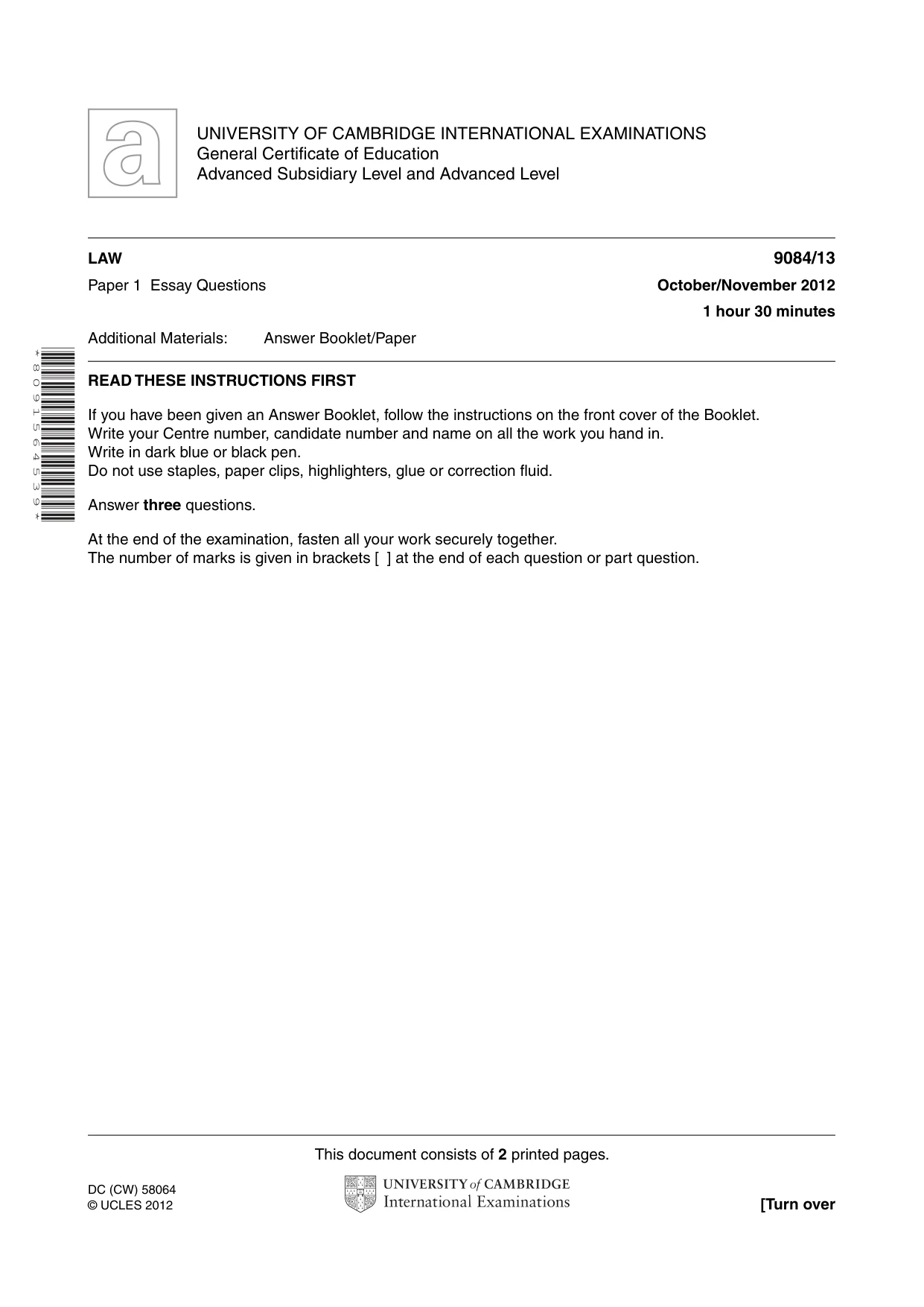 Cambridge A Level Law 9084 2012 Oct/Nov Paper 1 · Variant 3 question paper, page 1 of 2