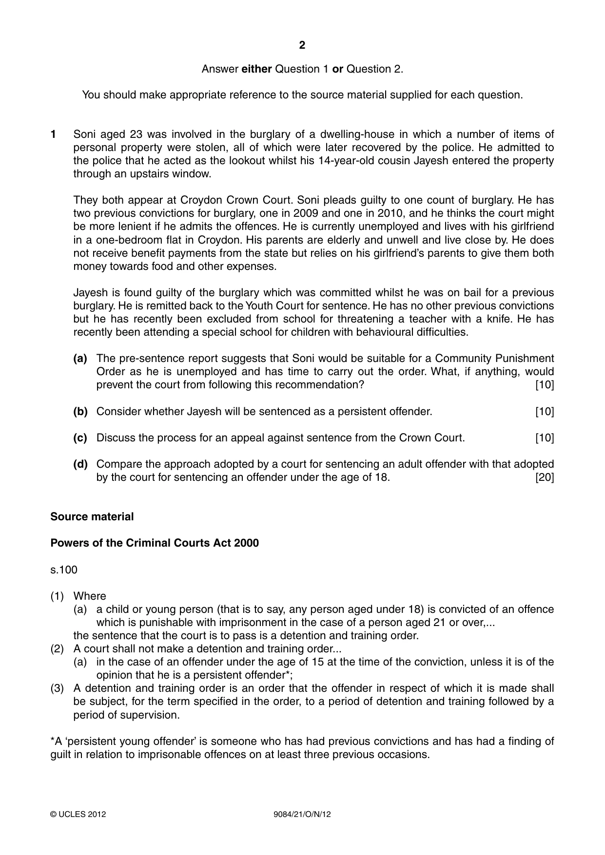 Cambridge A Level Law 9084 2012 Oct/Nov Paper 2 · Variant 1 question paper, page 2 of 4