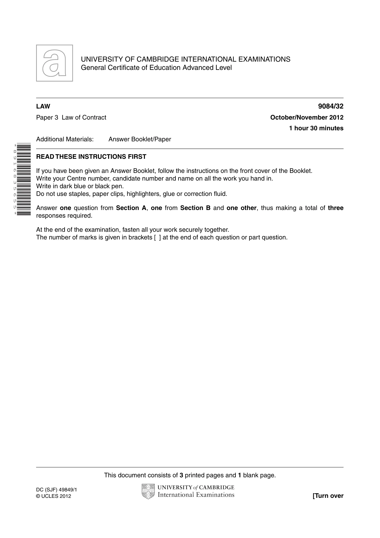 Cambridge A Level Law 9084 2012 Oct/Nov Paper 3 · Variant 2 question paper, page 1 of 4