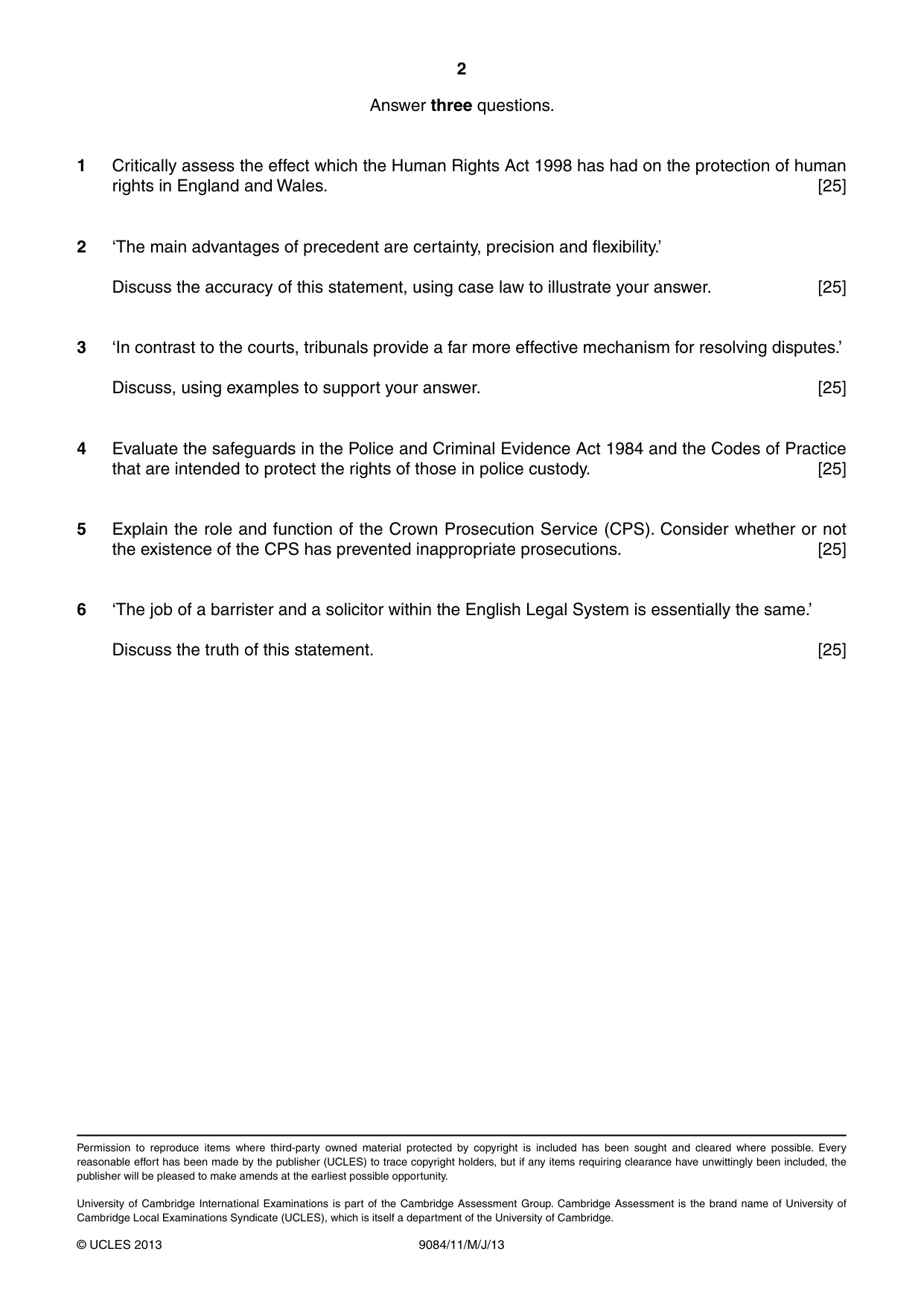 Cambridge A Level Law 9084 2013 May/June Paper 1 · Variant 1 question paper, page 2 of 2