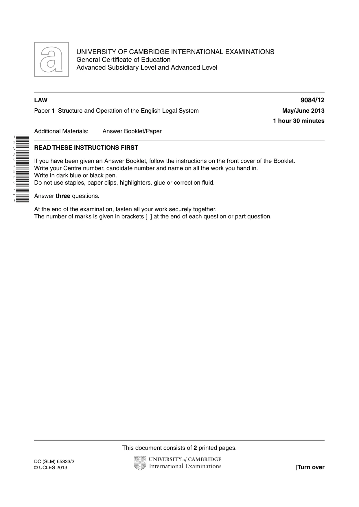 Cambridge A Level Law 9084 2013 May/June Paper 1 · Variant 2 question paper, page 1 of 2