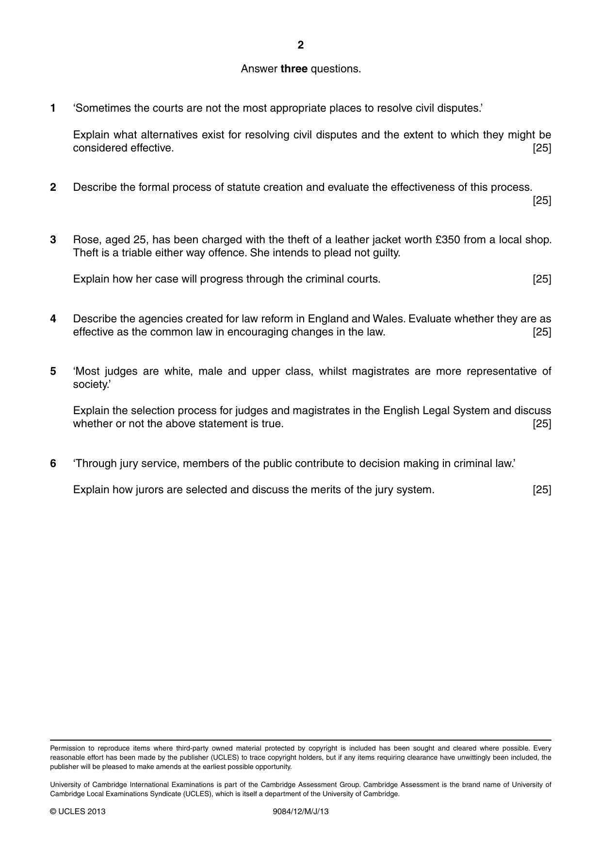 Cambridge A Level Law 9084 2013 May/June Paper 1 · Variant 2 question paper, page 2 of 2