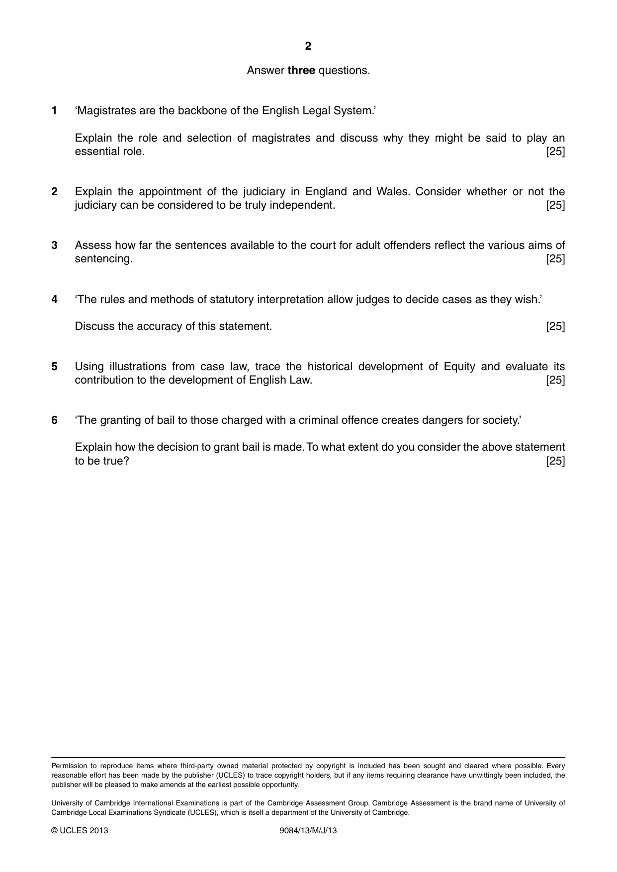 Cambridge A Level Law 9084 2013 May/June Paper 1 · Variant 3 question paper, page 2 of 2