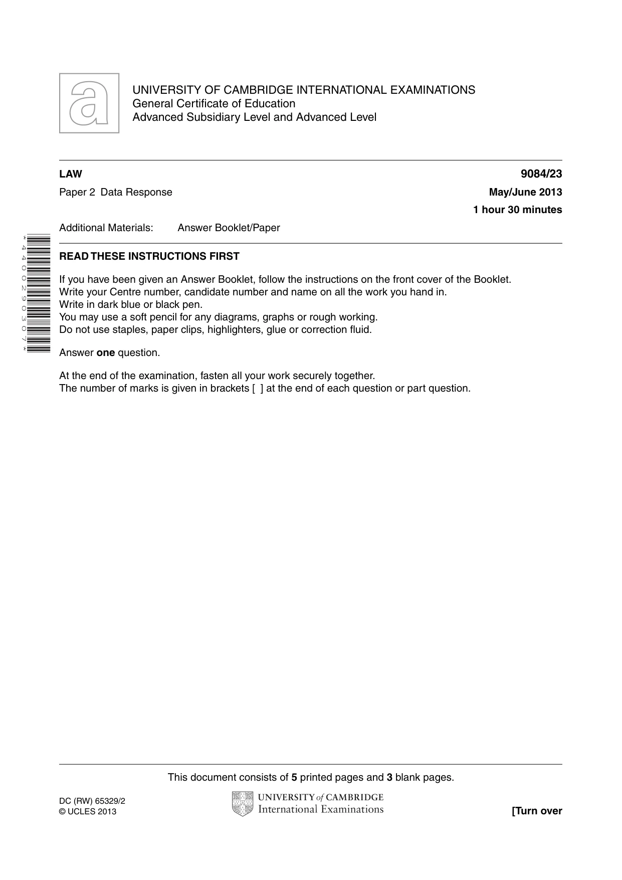 Cambridge A Level Law 9084 2013 May/June Paper 2 · Variant 3 question paper, page 1 of 8