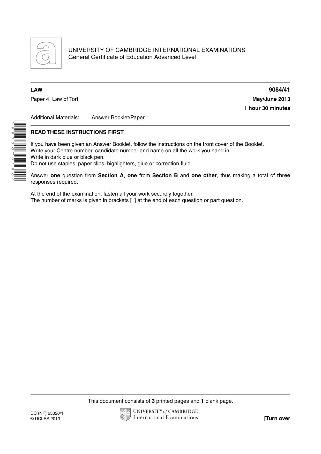 Cambridge A Level Law 9084 2013 May/June Paper 4 · Variant 1 question paper, page 1 of 4