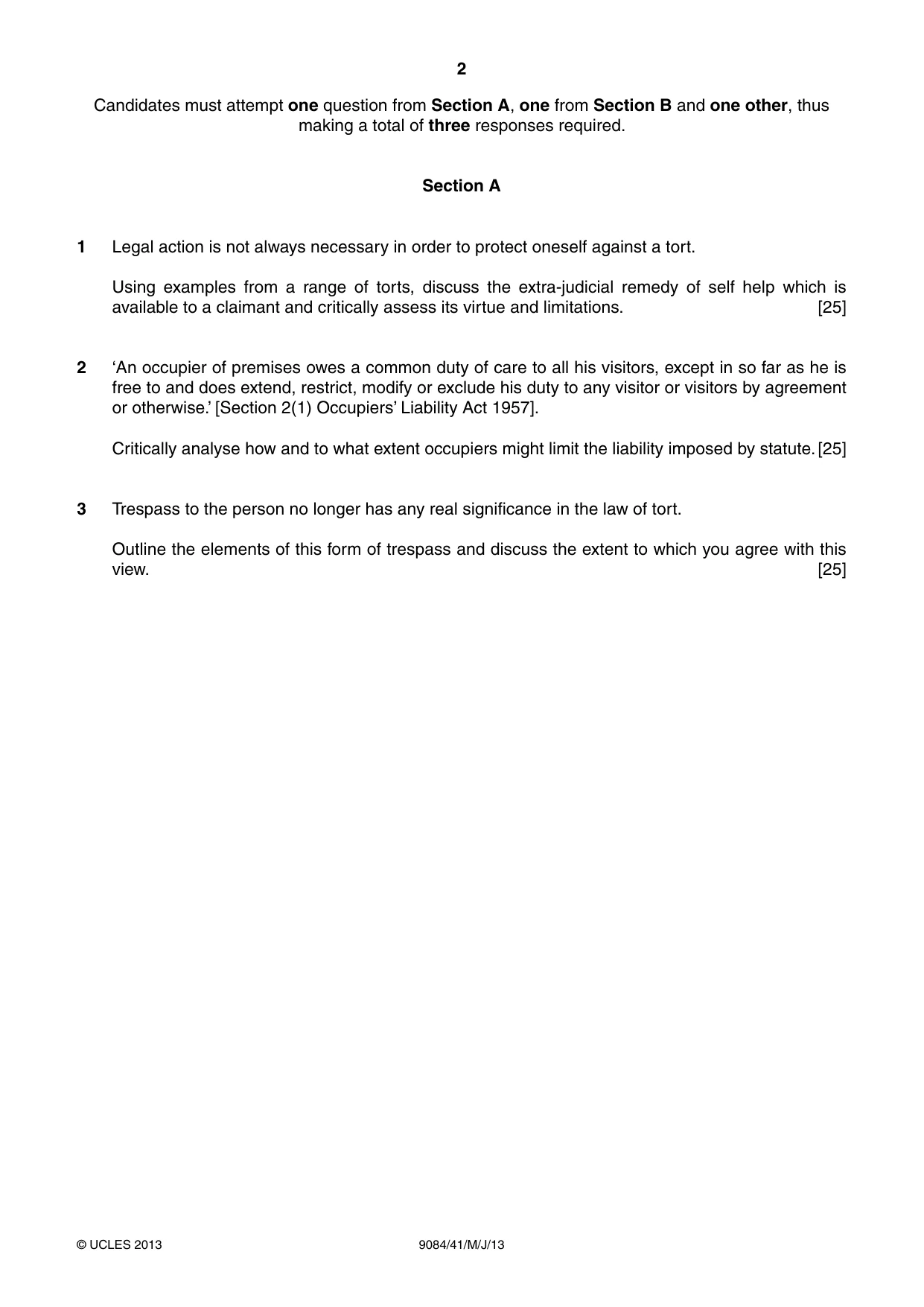 Cambridge A Level Law 9084 2013 May/June Paper 4 · Variant 1 question paper, page 2 of 4