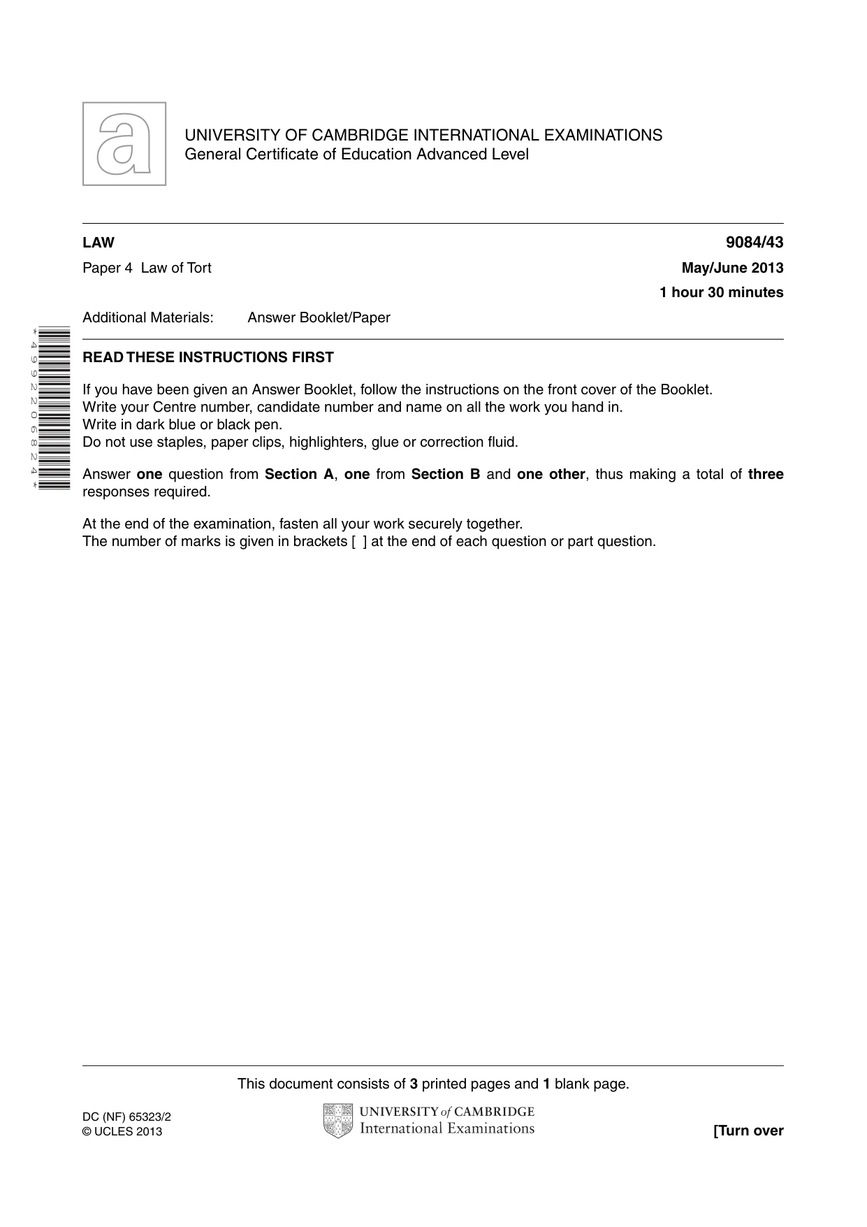 Cambridge A Level Law 9084 2013 May/June Paper 4 · Variant 3 question paper, page 1 of 4