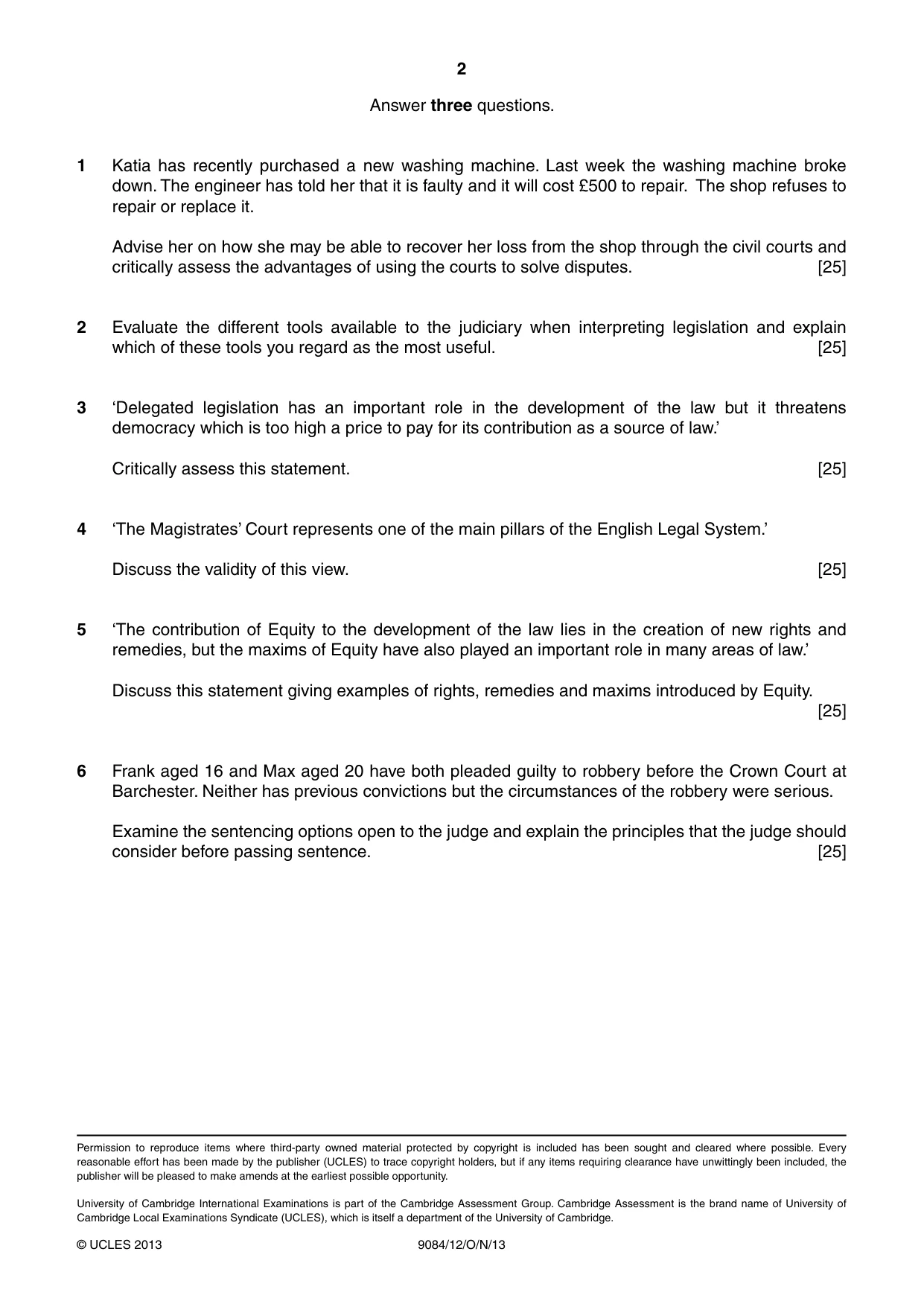 Cambridge A Level Law 9084 2013 Oct/Nov Paper 1 · Variant 2 question paper, page 2 of 2