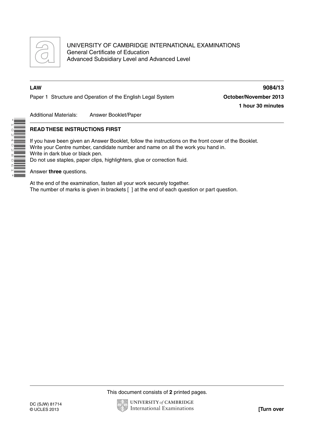 Cambridge A Level Law 9084 2013 Oct/Nov Paper 1 · Variant 3 question paper, page 1 of 2