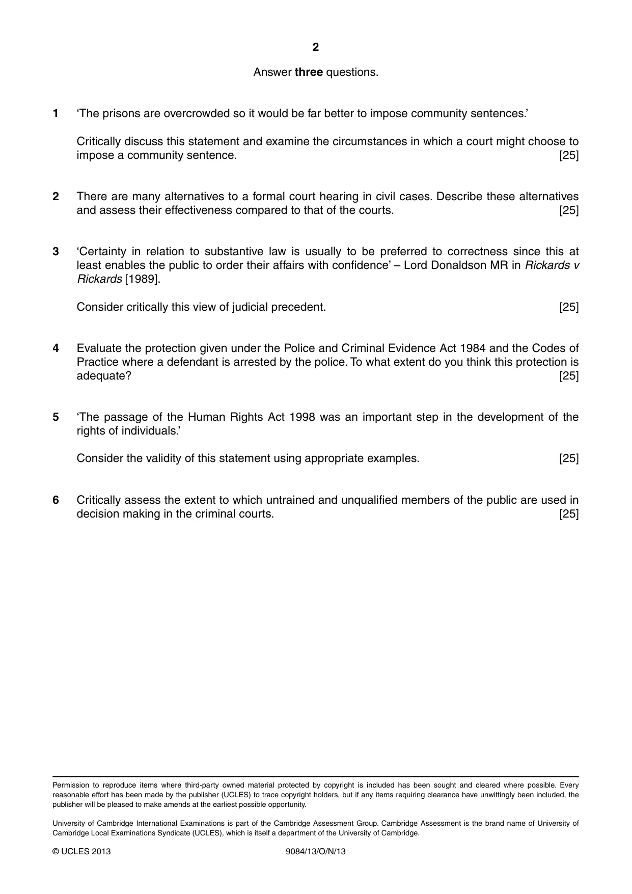 Cambridge A Level Law 9084 2013 Oct/Nov Paper 1 · Variant 3 question paper, page 2 of 2