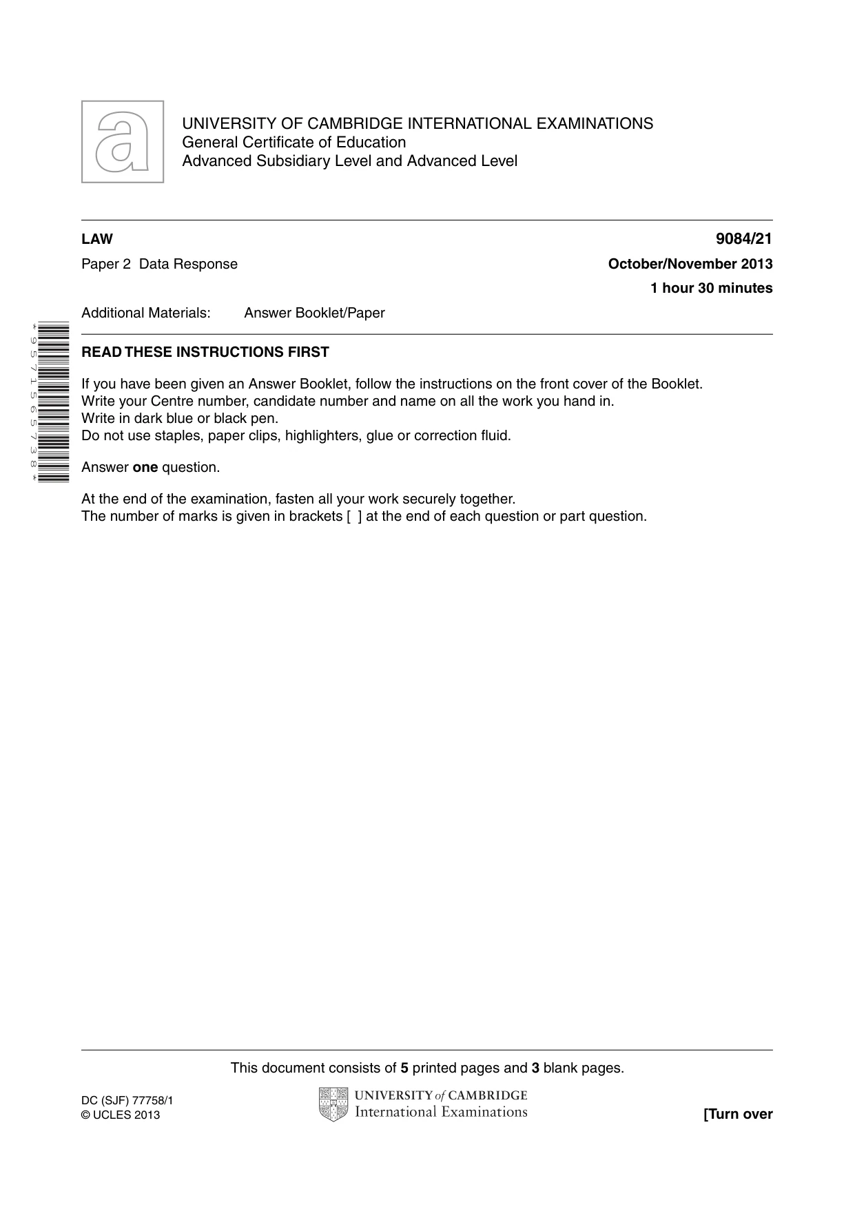 Cambridge A Level Law 9084 2013 Oct/Nov Paper 2 · Variant 1 question paper, page 1 of 8