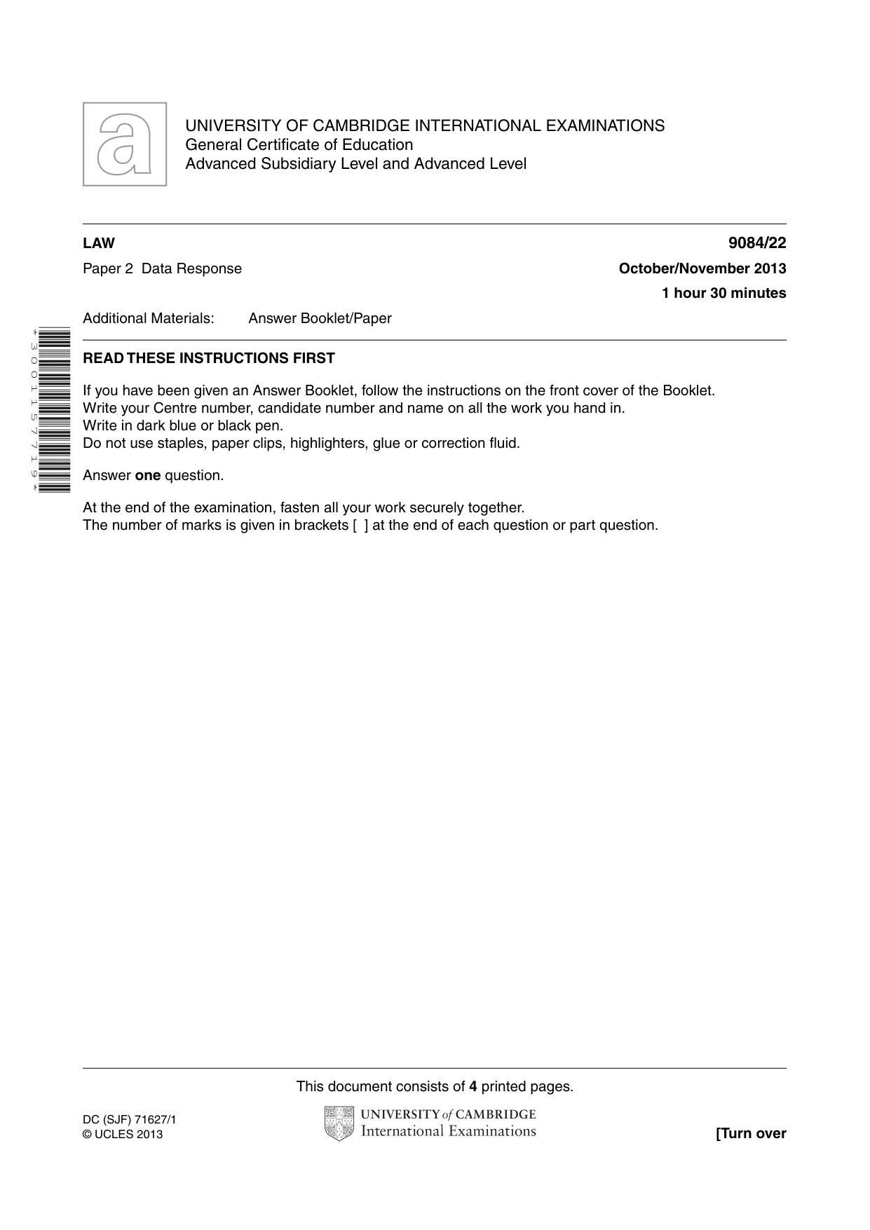 Cambridge A Level Law 9084 2013 Oct/Nov Paper 2 · Variant 2 question paper, page 1 of 4