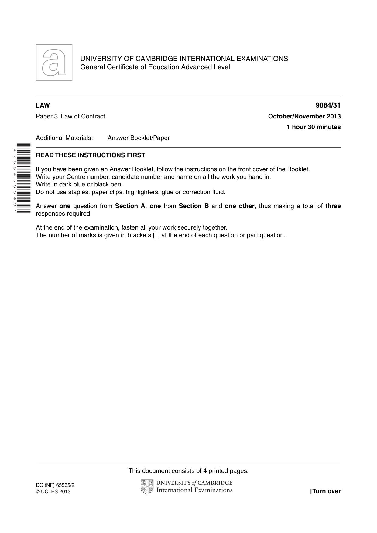 Cambridge A Level Law 9084 2013 Oct/Nov Paper 3 · Variant 1 question paper, page 1 of 4