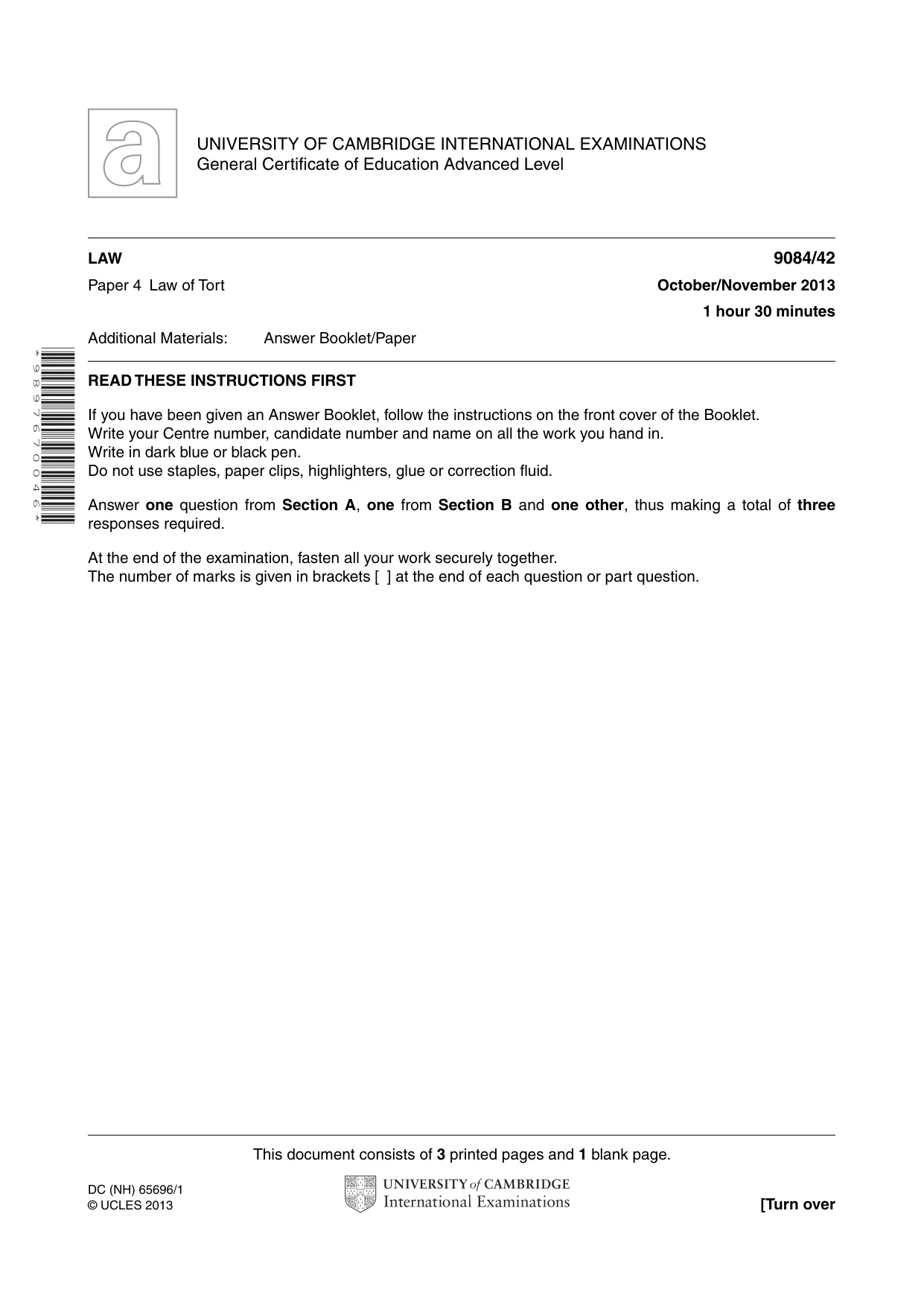 Cambridge A Level Law 9084 2013 Oct/Nov Paper 4 · Variant 2 question paper, page 1 of 4