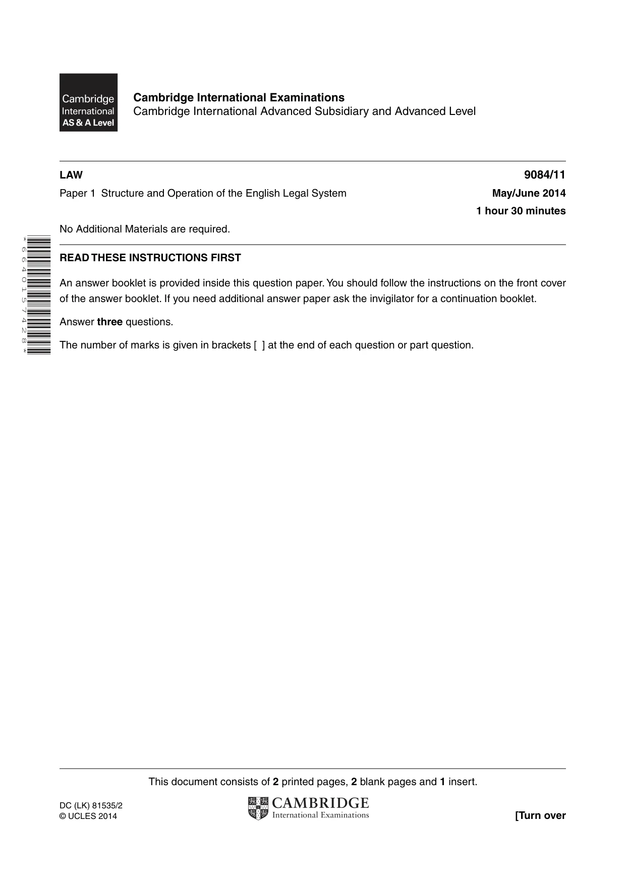 Cambridge A Level Law 9084 2014 May/June Paper 1 · Variant 1 question paper, page 1 of 4