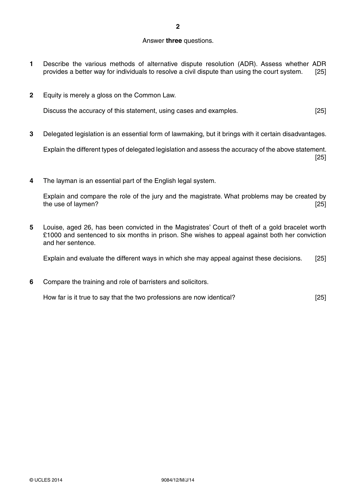 Cambridge A Level Law 9084 2014 May/June Paper 1 · Variant 2 question paper, page 2 of 4