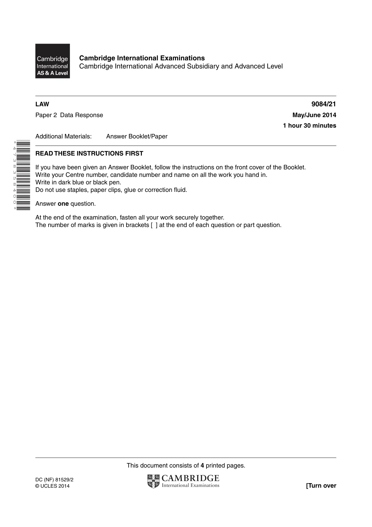 Cambridge A Level Law 9084 2014 May/June Paper 2 · Variant 1 question paper, page 1 of 4