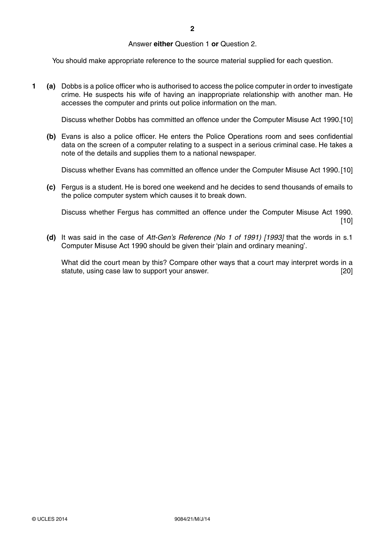 Cambridge A Level Law 9084 2014 May/June Paper 2 · Variant 1 question paper, page 2 of 4